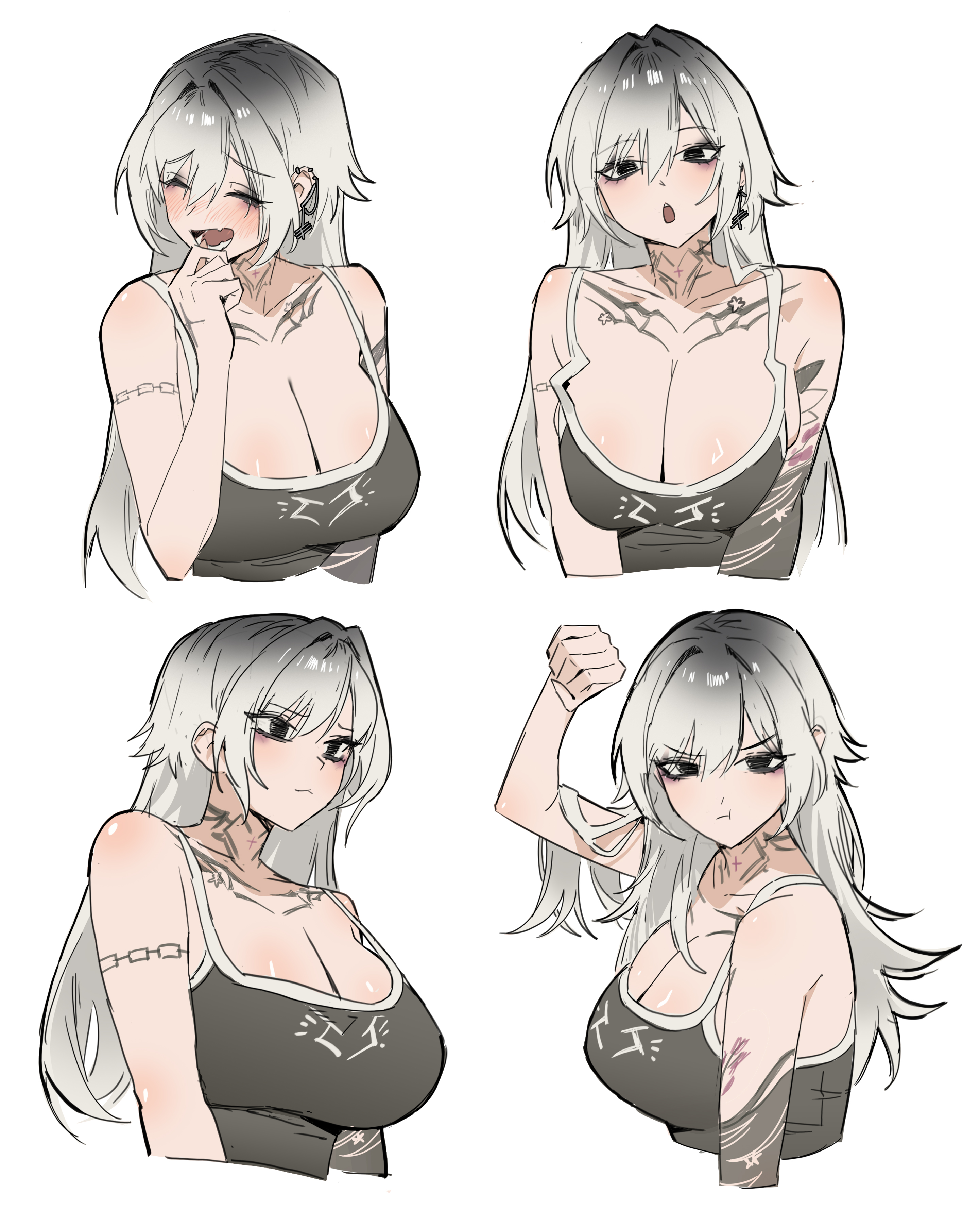 shouz, jyuri (shouz), original, absurdres, commentary, highres, 1girl, arm tattoo, arm up, black eyes, black tank top, breasts, chest tattoo, cleavage, closed eyes, closed mouth, gradient hair, grey hair, hair between eyes, large breasts, long hair, looking at viewer, multicolored hair, multiple views, open mouth, parted bangs, pout, simple background, smile, tank top, tattoo, white background