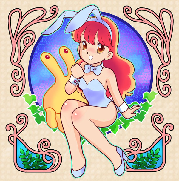 kisaragi miyuki, commentary request, 1girl, alien, animal ear hairband, animal ears, aoi-chan panic!, bare legs, bare shoulders, bow, bowtie, detached collar, fake animal ears, hairband, hand up, hayakawa aoi (aoi-chan panic!), high heels, holgruu, leaf, leotard, long hair, open mouth, playboy bunny, rabbit ears, red eyes, red hair, shoes, sitting, smile, strapless, strapless leotard, takemoto izumi (style), white bow, white bowtie, white hairband, white leotard, white shoes, wrist cuffs