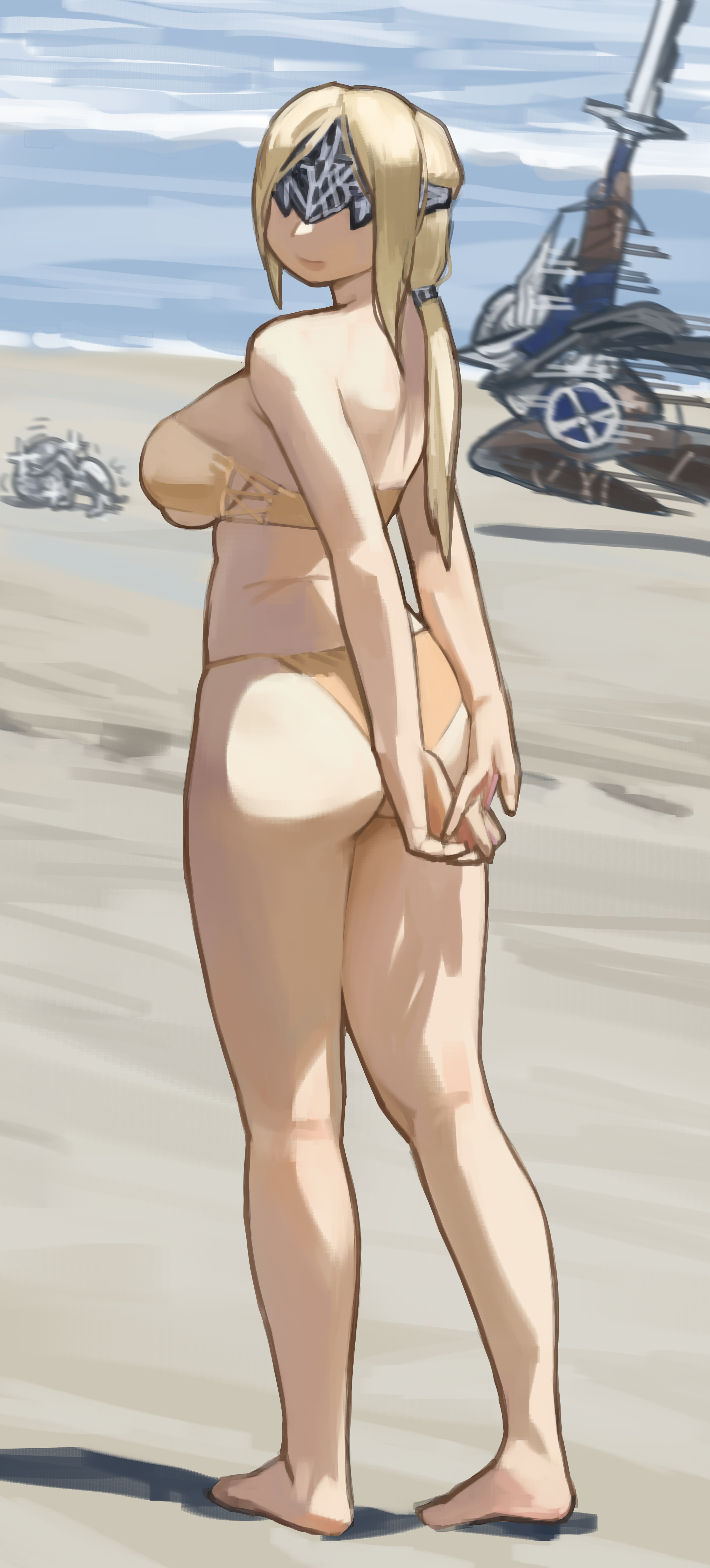 miao jiangyou, duchess (elden ring), wylder (elden ring), elden ring, elden ring nightreign, absurdres, commentary request, highres, 1boy, 1girl, armor, arms behind back, barefoot, beach, bikini, blindfold mask, blonde hair, blue surcoat, breasts, buckler, chibi, chibi inset, from behind, helmet, large breasts, looking back, low ponytail, mask, motion lines, ocean, parted bangs, ponytail, scale armor, scarab, shield, sideboob, sidelocks, smile, solo focus, speed lines, swimsuit, sword, weapon, winged helmet, yellow bikini