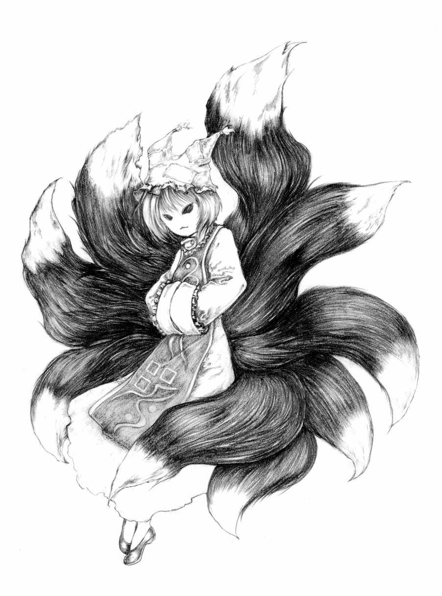 kurosaki (niggurath), yakumo ran, touhou, highres, 1girl, :3, dress, female focus, full body, greyscale, hat, monochrome, multiple tails, shoes, short hair, solo, tail, white background