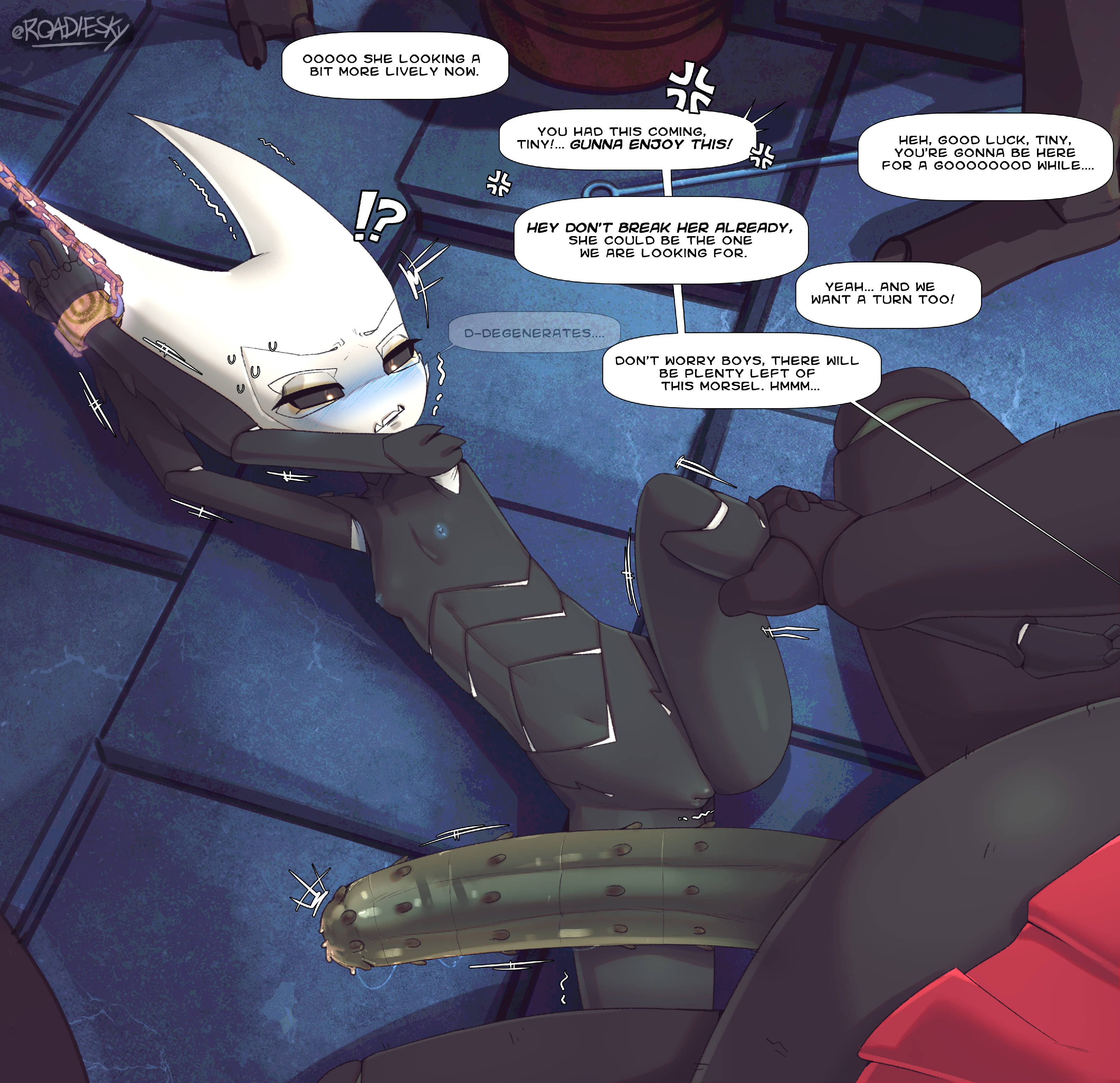 roadiesky, hornet (hollow knight), hollow knight, hollow knight: silksong, absurdres, highres, 1girl, 3boys, arms up, arthropod girl, black sclera, black skin, chained wrists, cloak, colored sclera, colored skin, completely nude, english text, flat chest, horned mask, huge penis, imminent penetration, imminent rape, imminent vaginal, mask, multiple boys, navel, needle (hollow knight), nipples, nude, penis, pussy, red cloak, solo focus, speech bubble, trembling, white mask