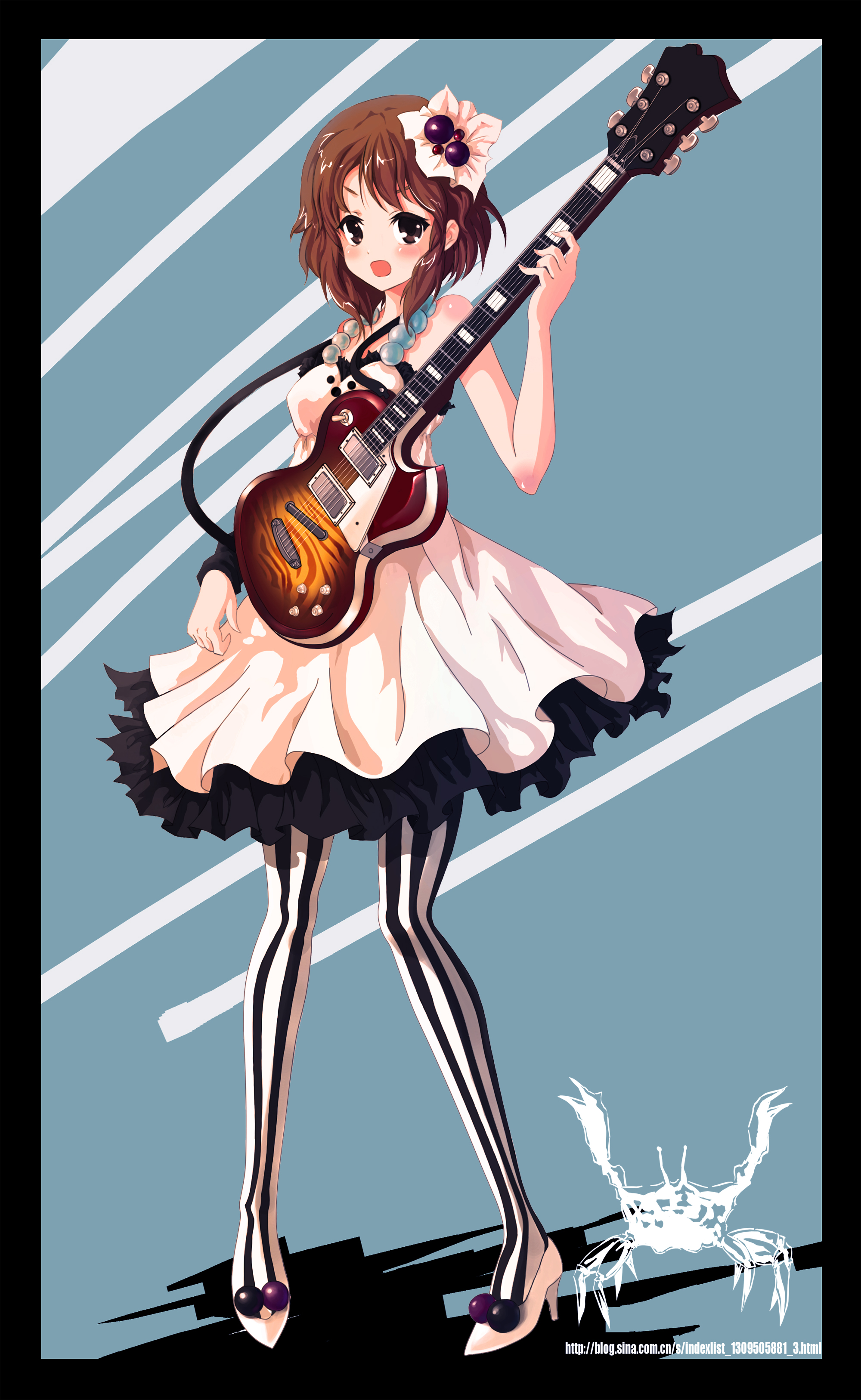 klamp, hirasawa yui, don't say "lazy", k-on!, absurdres, bad id, bad pixiv id, highres, 00s, 1girl, brown eyes, brown hair, electric guitar, female focus, full body, gibson les paul, guitar, instrument, legs, pantyhose, short hair, solo, striped clothes, striped pantyhose, vertical-striped clothes, vertical-striped pantyhose