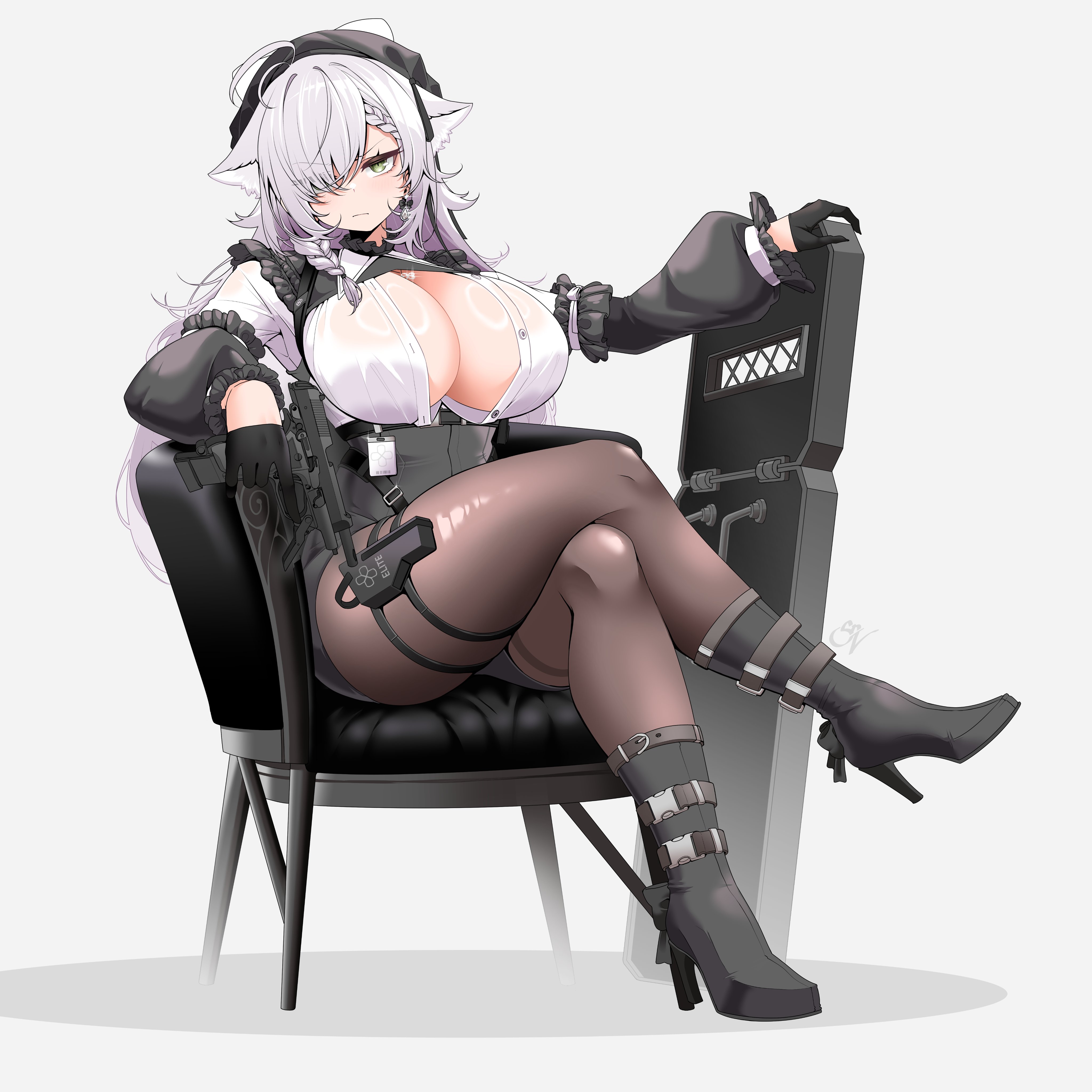 saltnvalk, original, absurdres, commentary, commission, highres, symbol-only commentary, vgen commission, 1girl, animal ears, armchair, beretta 93r, black boots, black gloves, black pantyhose, boots, braid, breasts, chair, closed mouth, crossed legs, full body, gloves, grey background, grey eyes, grey shorts, gun, hair over one eye, handgun, high-waist shorts, high heels, holding, holding gun, holding shield, holding weapon, holster, huge breasts, long sleeves, looking at viewer, medium hair, one eye covered, open clothes, open shirt, pantyhose, parted bangs, shield, shirt, shorts, simple background, sitting, solo, thigh holster, weapon, white hair, white shirt