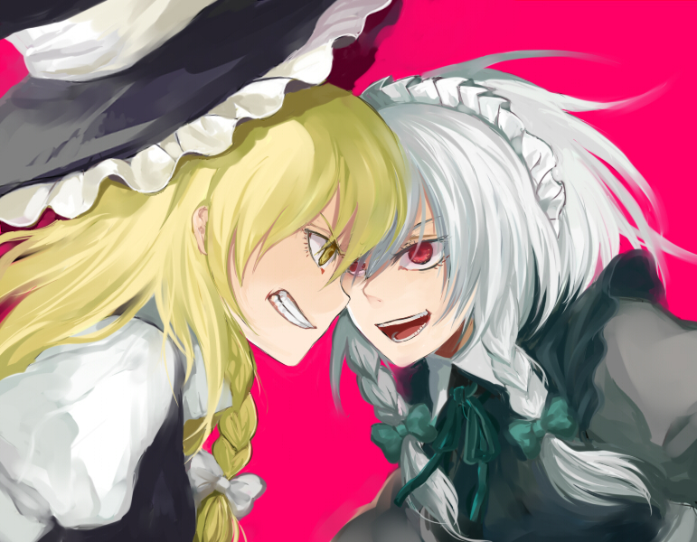 harano, izayoi sakuya, kirisame marisa, touhou, silver hair, bad id, bad pixiv id, 2girls, angry, battle, blonde hair, braid, clenched teeth, confrontation, duel, eye contact, face-to-face, female focus, forehead-to-forehead, grin, hat, heads together, long hair, looking at another, multiple girls, red eyes, short hair, simple background, smile, teeth, twin braids, witch, witch hat, yellow eyes