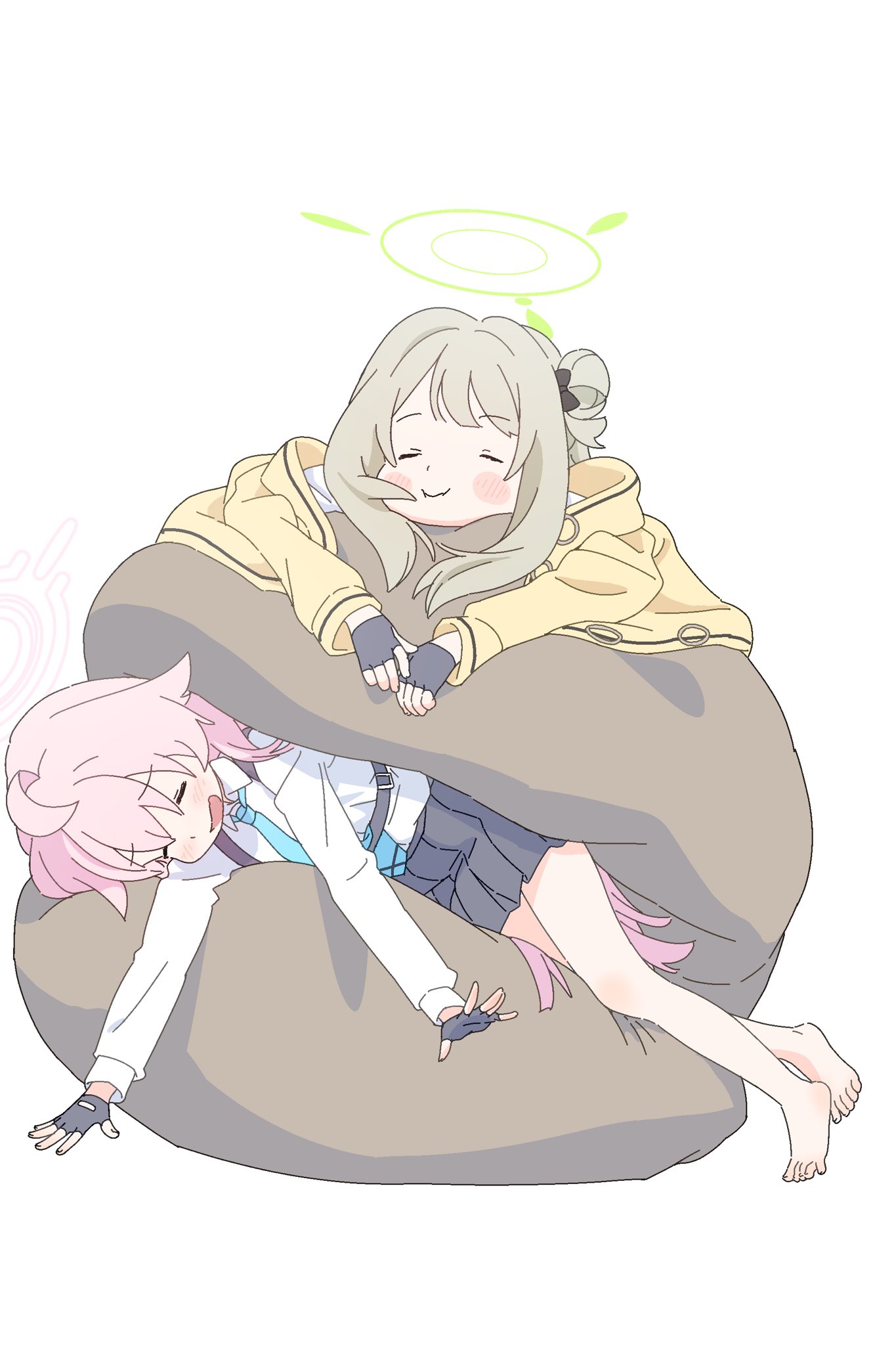 shimotsu., hoshino (blue archive), nonomi (blue archive), blue archive, hashtag-only commentary, highres, 2girls, bare legs, black gloves, blue necktie, closed eyes, closed mouth, coat, gloves, green halo, grey hair, halo, miniskirt, multiple girls, necktie, open mouth, outstretched arms, pink hair, pink halo, school uniform, sitting, skirt, yellow coat