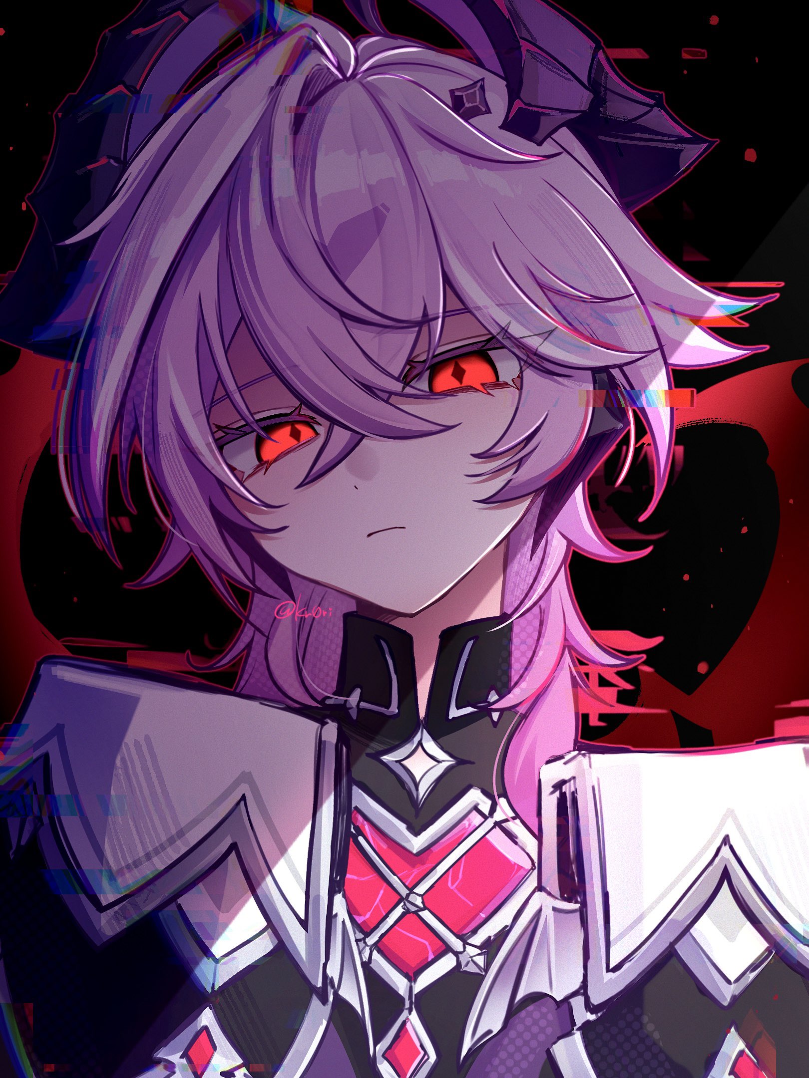 ama some (kr0ri), durin (genshin impact), genshin impact, commentary, highres, 1boy, black background, chest jewel, colored eyelashes, cracked gem, diamond-shaped pupils, diamond (shape), dragon boy, dragon horn, glitch, glitch art, hair between eyes, head tilt, heart-shaped gem, horns, looking at viewer, male focus, mandarin collar, purple hair, red eyes, silver trim, solo, symbol-shaped pupils, watermark