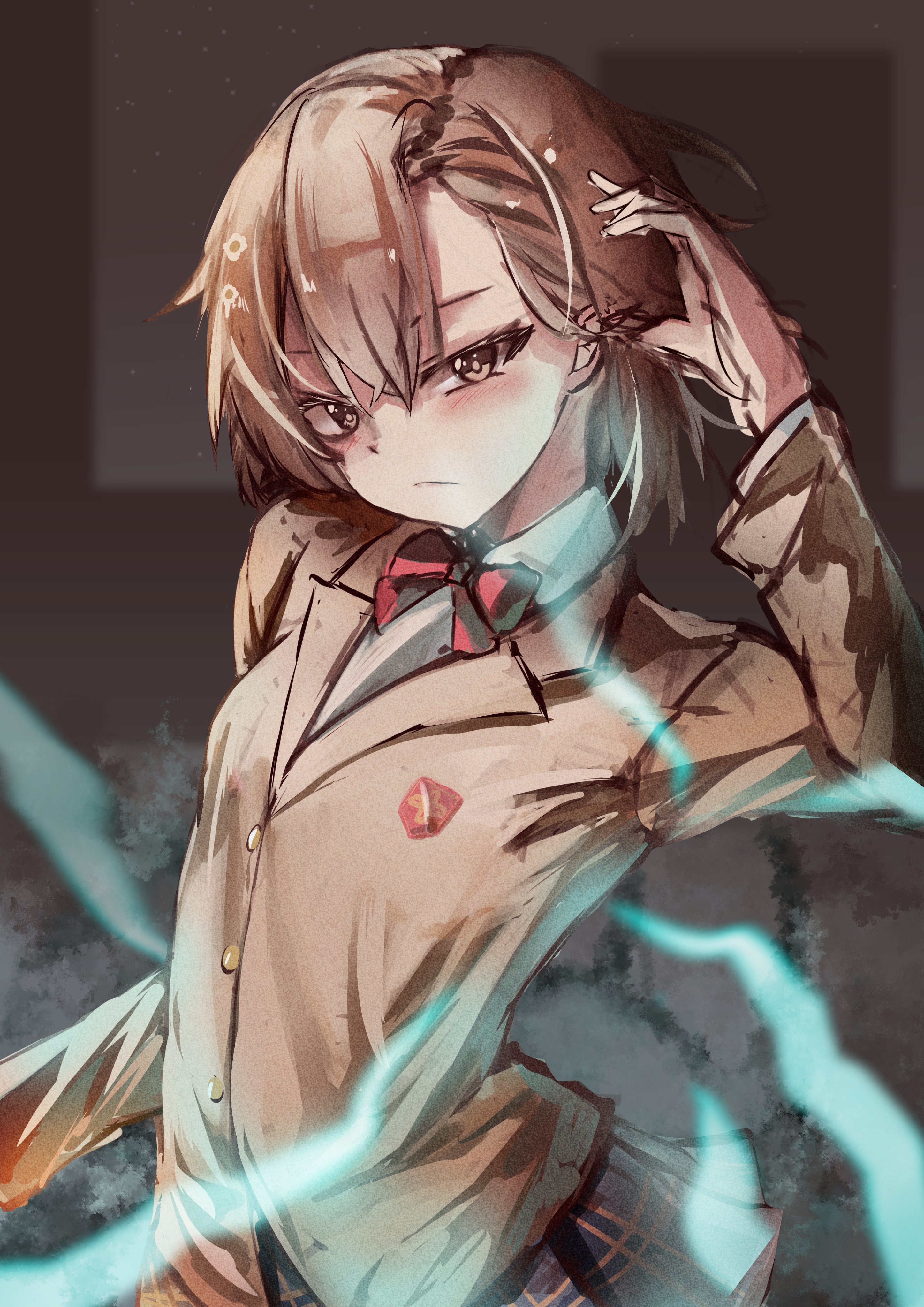 lichael, misaka mikoto, toaru majutsu no index, absurdres, commentary, english commentary, highres, 1girl, arm up, badge, black background, blue light, blush, bow, bowtie, breasts, brown eyes, brown hair, brown jacket, closed mouth, crossed bangs, double-parted bangs, electricity, electrokinesis, frown, hair between eyes, jacket, lightning, long sleeves, medium breasts, red bow, red bowtie, shirt, simple background, solo, upper body, v-shaped eyebrows, white shirt