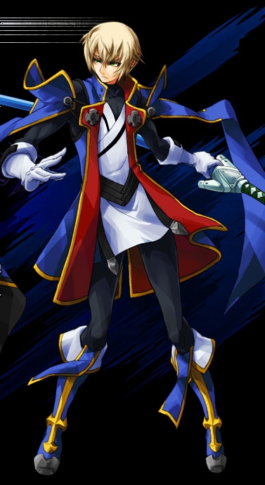 kisaragi jin, arc system works, blazblue, blazblue: calamity trigger, blazblue continuum shift, official art, blonde hair, green eyes, ice, samurai, sword, weapon, yukianesa