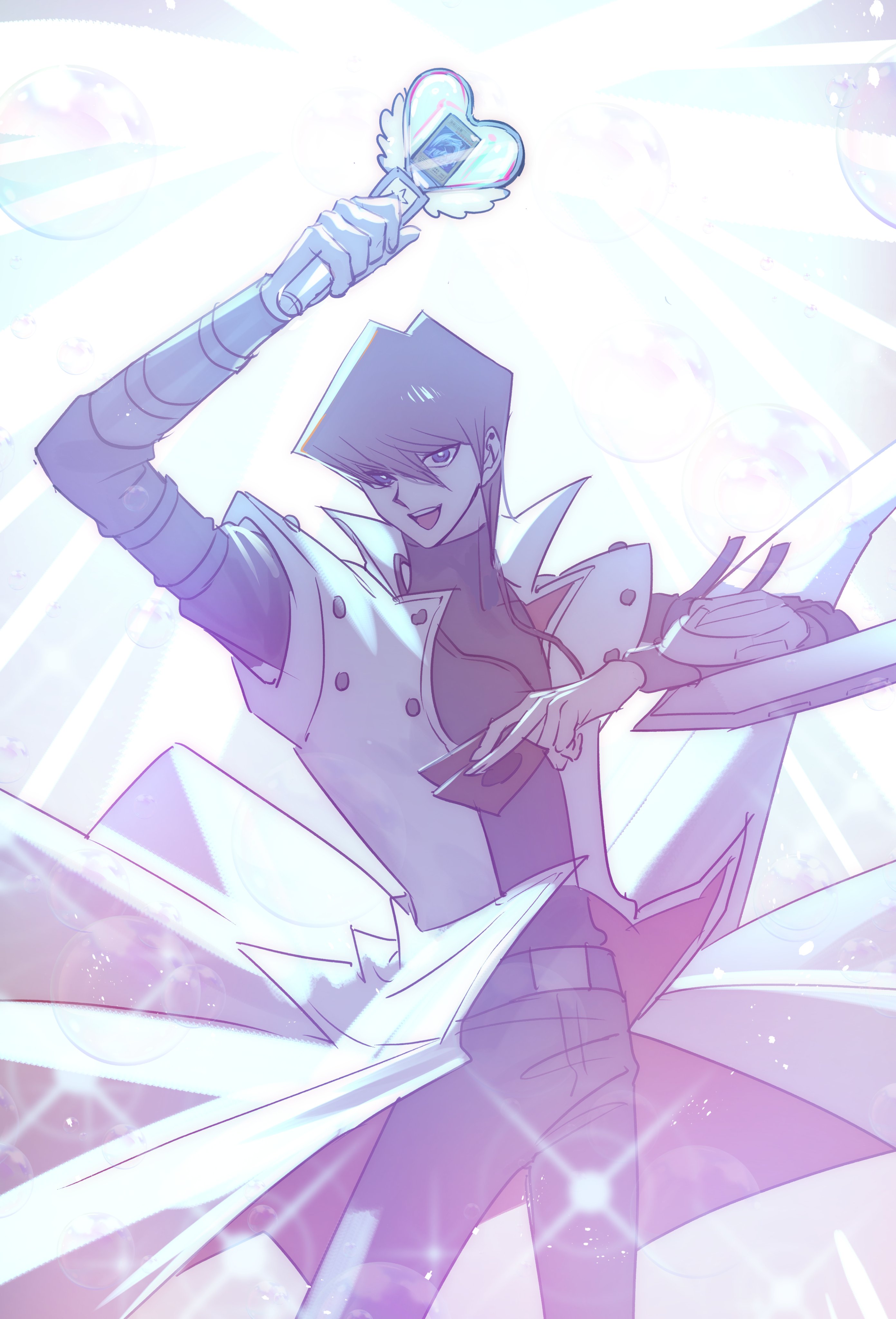 moemoenomori, blue-eyes white dragon, kaiba seto, yu-gi-oh!, yu-gi-oh! duel monsters, absurdres, highres, 1boy, blue eyes, brown hair, card, coat, cowboy shot, duel disk, holding, holding card, holding wand, male focus, simple background, solo, trading card, wand, white background, white coat