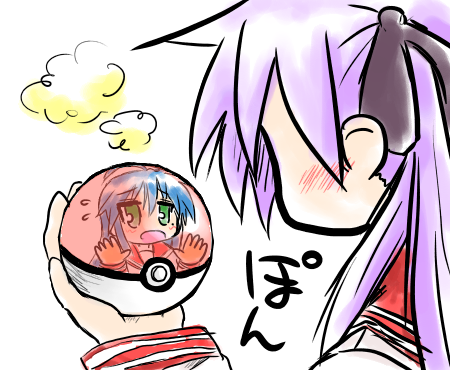 manzyu, hiiragi kagami, izumi konata, lucky star, nintendo, pokemon, lowres, 00s, 2girls, ahoge, blue hair, blush, green eyes, hair ribbon, holding, holding poke ball, mole, mole under eye, multiple girls, poke ball, poke ball (basic), purple hair, ribbon, school uniform, serafuku, simple background, twintails, white background