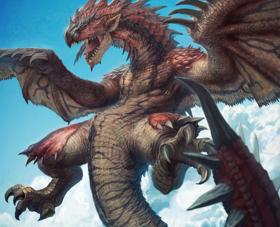 harvester, kakotomirai, rathalos, capcom, monster hunter (series), claws, cloud, day, dragon, epic, flying, horns, monster, no humans, realistic, scales, sky, spikes, teeth, wings, wyvern