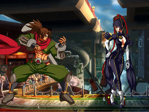 bayonetta, litchi faye ling, shishigami bang, arc system works, bayonetta (series), bayonetta 1, blazblue, blazblue: calamity trigger, lowres, third-party edit, 1boy, 1girl, black hair, bodysuit, breasts, cleavage, cleavage cutout, clothing cutout, high heels, large breasts, long hair, pixel art, shoes, very long hair