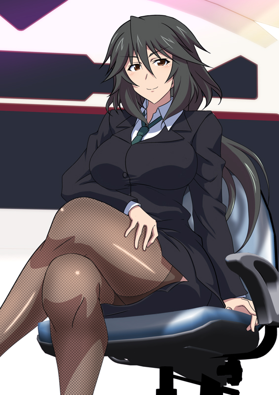 kuroda ariake, orimura chifuyu, infinite stratos, 1girl, black hair, black skirt, blazer, breasts, brown eyes, business suit, chair, crossed legs, fishnet thighhighs, fishnets, formal clothes, green necktie, hand on own thigh, jacket, large breasts, long hair, looking at viewer, necktie, office chair, office lady, pantyhose, pencil skirt, ponytail, shirt, sitting, skirt, skirt suit, smile, solo, suit, swivel chair, thighhighs, thighs