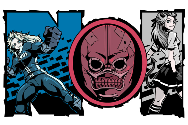 k kumahachi, noi (dorohedoro), dorohedoro, blonde hair, blue eyes, cropped legs, demon girl, gloves, mask, muscular, school uniform, serafuku, skirt, tail, white hair