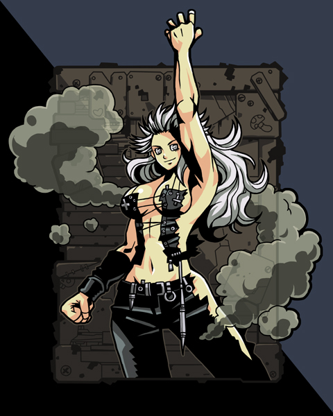 k kumahachi, noi (dorohedoro), dorohedoro, 1girl, arm up, armlet, armpits, breasts, cleavage, clenched hand, contrapposto, female focus, jewelry, large breasts, looking at viewer, midriff, muscular, muscular female, navel, no bra, no panties, smoke, solo, standing, stomach, torn clothes, vest, white hair