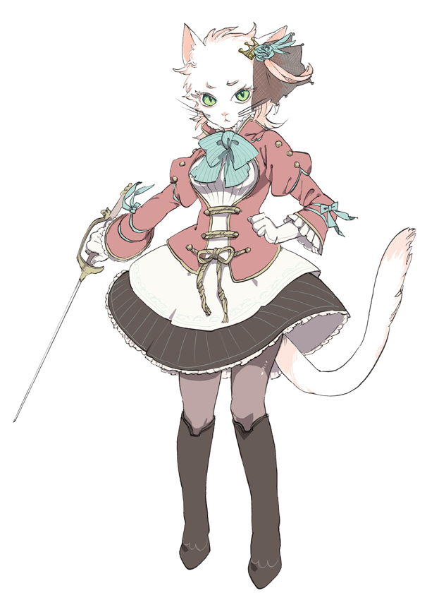 ikeuchi, bad id, bad pixiv id, 1girl, animal ears, blue flower, blue rose, boots, bow, cat, cat ears, cat tail, dress, female focus, flower, furry, furry female, gloves, green eyes, long sleeves, pantyhose, rapier, rose, solo, sword, tail, weapon