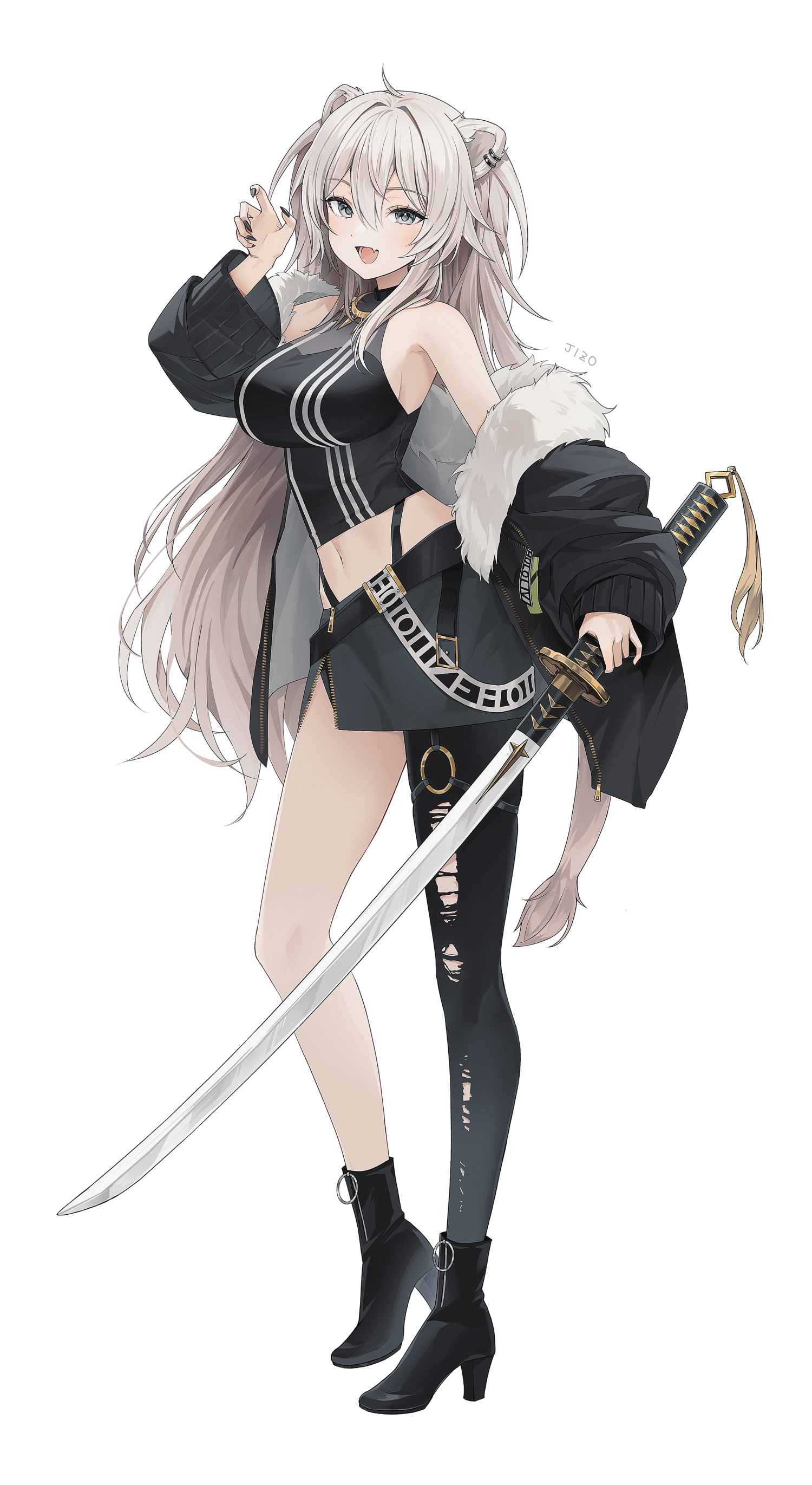 jizo 3×357, shishiro botan, shishiro botan (1st costume), hololive, absurdres, highres, 1girl, animal ears, bare shoulders, black boots, black jacket, black pantyhose, black shirt, black skirt, boots, breasts, full body, grey eyes, grey hair, high heel boots, high heels, holding, holding sword, holding weapon, jacket, katana, large breasts, lion ears, lion girl, lion tail, long hair, off shoulder, open clothes, open jacket, pantyhose, shirt, simple background, single leg pantyhose, skirt, solo, sword, tail, torn clothes, torn pantyhose, virtual youtuber, weapon, white background
