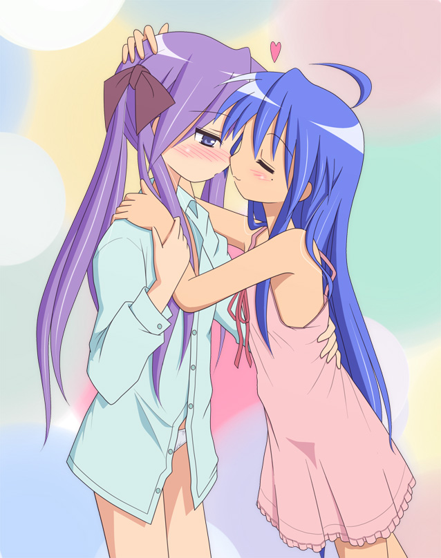 mel (artist), mel (melty pot), hiiragi kagami, izumi konata, lucky star, 00s, 2girls, ahoge, blue hair, blush, closed eyes, female focus, hair ribbon, hand on another's head, heart, hug, imminent kiss, long hair, mole, mole under eye, multiple girls, nightgown, no bra, no pants, panties, purple eyes, purple hair, ribbon, shirt, tsurime, twintails, underwear, yuri