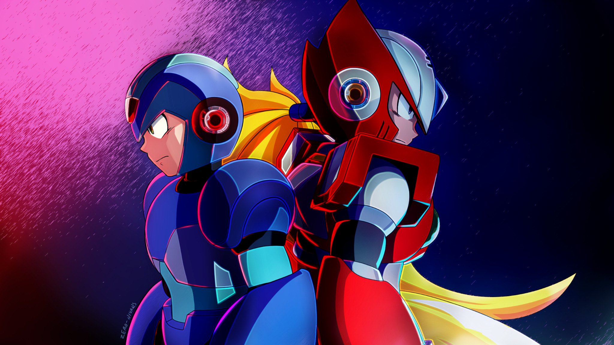 znivans, x (mega man), zero (mega man), mega man (series), mega man x (series), highres, 2boys, android, armor, artist name, blonde hair, blue armor, blue eyes, blue helmet, chest jewel, forehead jewel, gradient background, green eyes, helmet, jewelry, long hair, male focus, multiple boys, ponytail, red armor, red helmet, robot, robot ears, serious, shoulder armor, two side up, upper body, very long hair