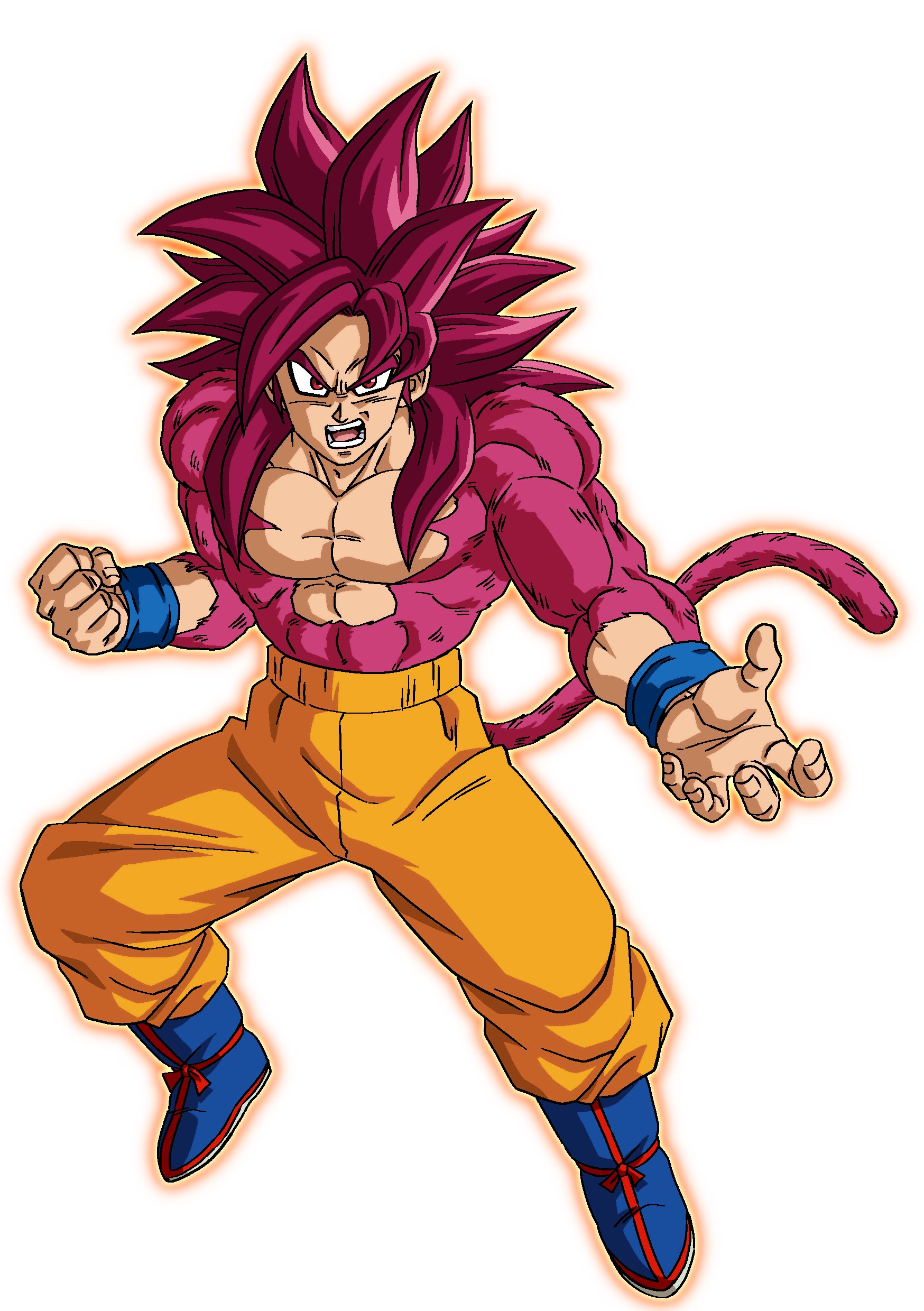 a3rudbzeno, son goku, dragon ball, dragon ball daima, absurdres, highres, 1boy, blue boots, body fur, boots, full body, long hair, male focus, monkey tail, muscular, muscular male, orange pants, pants, red eyes, red fur, red tail, simple background, solo, spiked hair, super saiyan, super saiyan 4, tail, topless male, white background