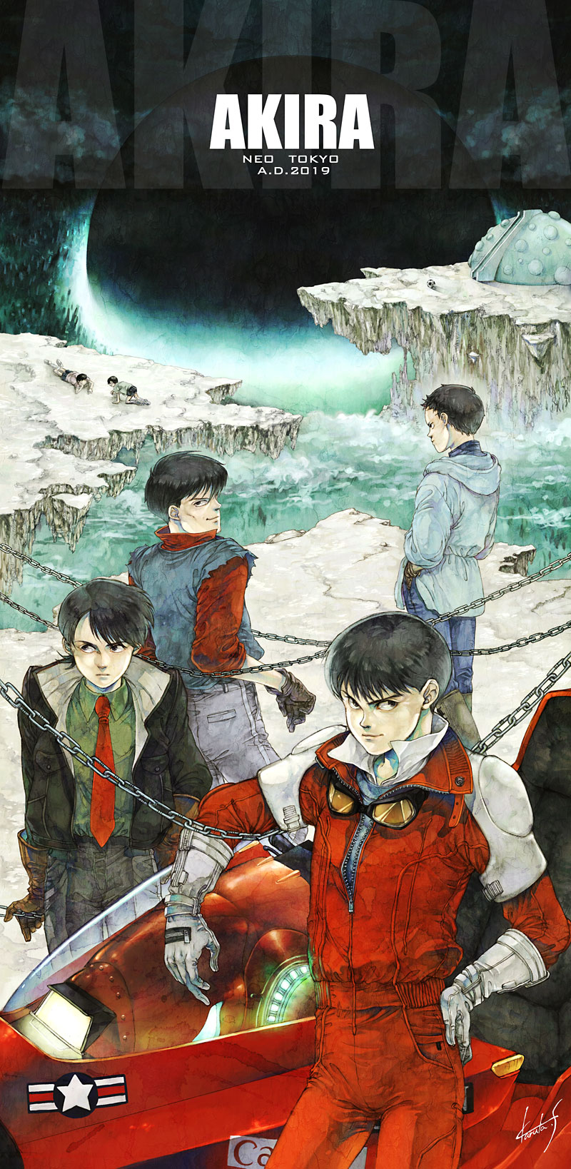 karuta shiki, kai (akira), kaneda shoutarou (akira), shima tetsuo, yamagata, yamagata (akira), akira (manga), canon (company), vehicle, 1980s (style), highres, 2019, 4boys, aged down, biker clothes, chain, child, company name, copyright name, cyberpunk, gloves, goggles, goggles around neck, looking at viewer, looking back, male focus, motor vehicle, motorcycle, multiple boys, oldschool, outdoors, retro artstyle, scenery, science fiction, signature, time paradox, white gloves