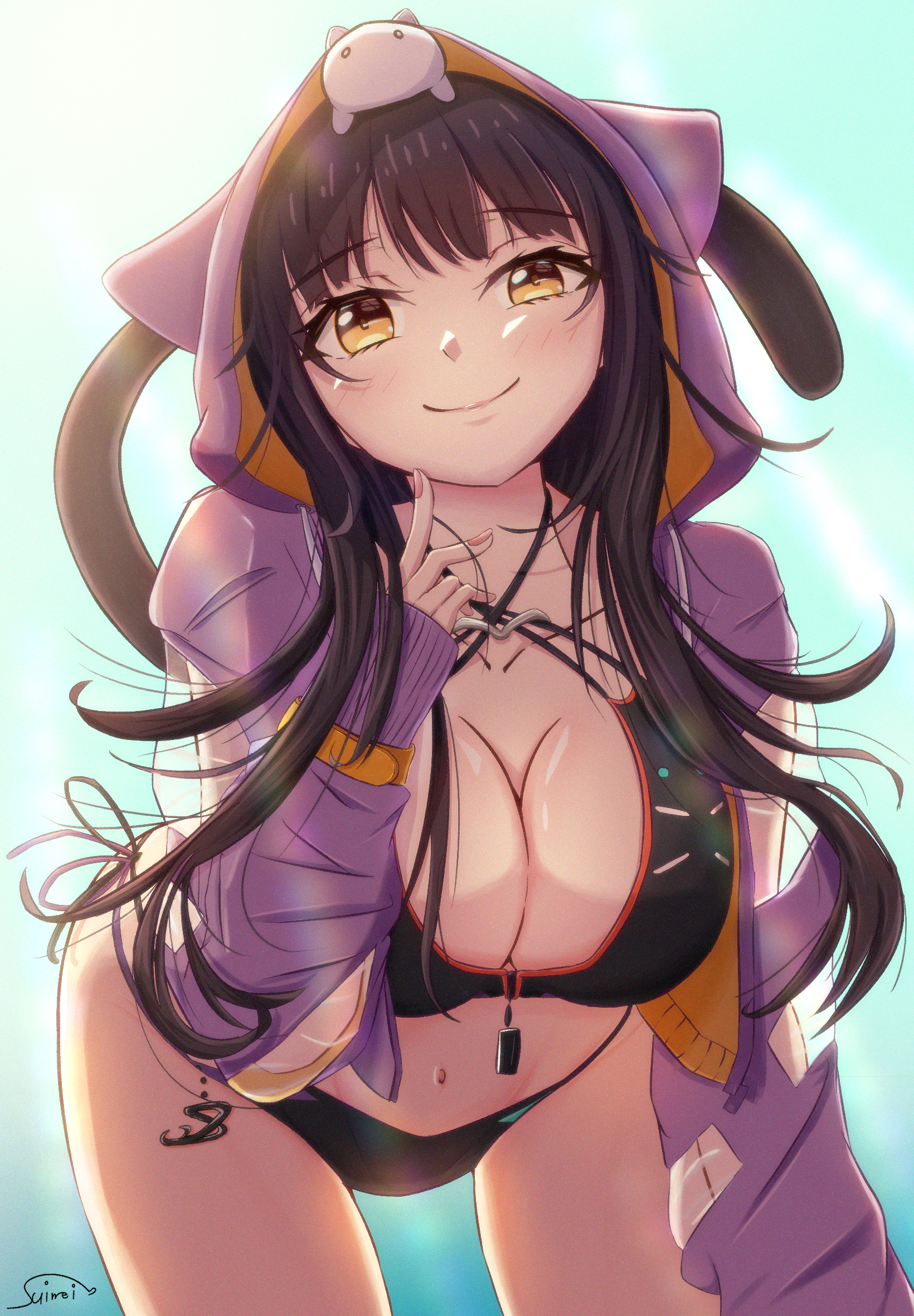 suimei (ramebi3), asakura karen (heaven burns red), heaven burns red, commentary, highres, 1girl, animal, animal ears, animal on head, backlighting, bikini, black bikini, black hair, blue sky, blunt bangs, blush, breasts, cat, cat ears, cat on head, cat tail, cleavage, closed mouth, collarbone, cowboy shot, day, eyelashes, fake animal ears, fake tail, fingernails, floating hair, hand up, hood, hood up, hoodie, large breasts, leaning forward, lips, long hair, looking at viewer, navel, official alternate costume, on head, open clothes, open hoodie, outdoors, purple hoodie, signature, sky, sleeves past wrists, smile, smug, solo, sunlight, swimsuit, tail, v, very long hair, yellow eyes