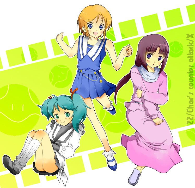 ri2, elpeo puru, haro, quess paraya, tiffa adill, after war gundam x, char's counterattack, gundam, gundam zz, bad id, bad pixiv id, 3girls, aqua hair, ass, blue eyes, blush, green eyes, in-franchise crossover, long hair, multiple girls, orange hair, short hair, short twintails, twintails