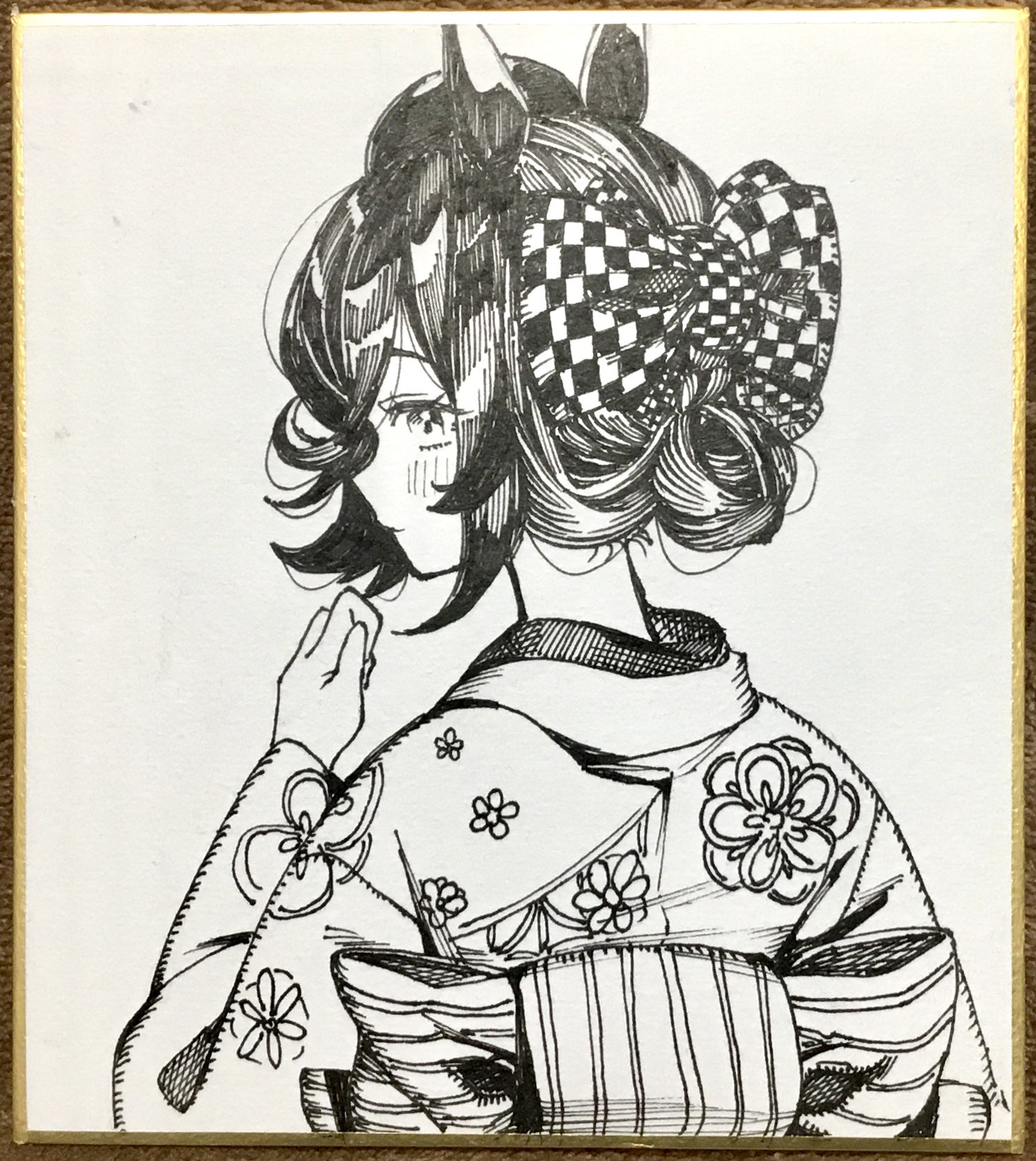 yomean!, rice shower (umamusume), umamusume, commentary request, highres, pen (medium), traditional media, 1girl, animal ears, bow, checkered bow, checkered clothes, closed mouth, floral print, floral print kimono, from behind, greyscale, hair bow, hat, horse ears, horse girl, japanese clothes, kimono, long sleeves, looking at viewer, looking back, monochrome, obi, print kimono, sash, shikishi, simple background, solo, white background