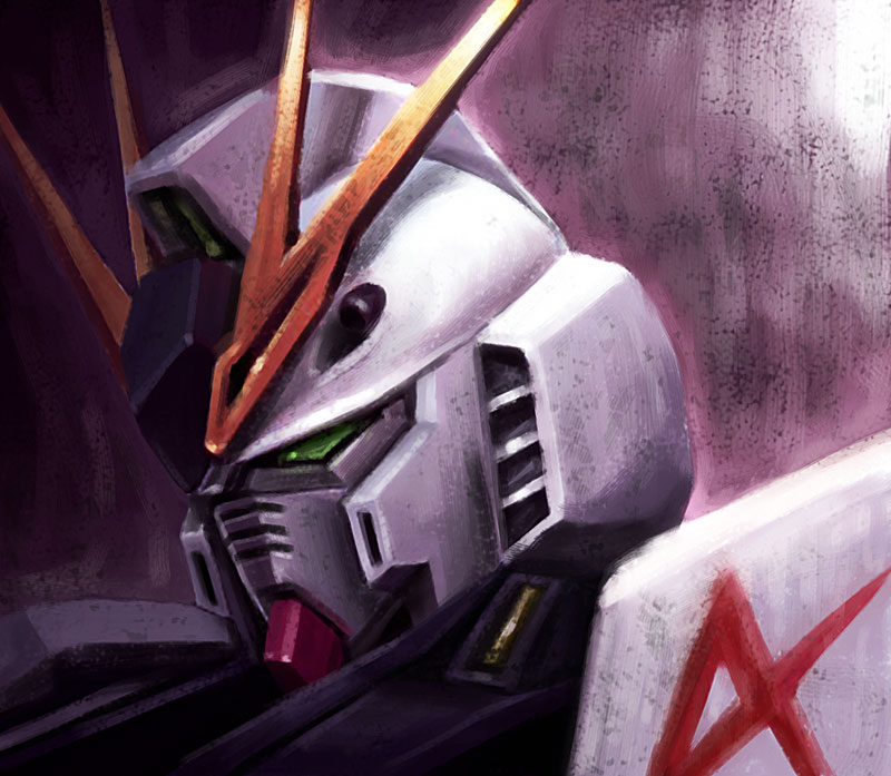 twinbell, nu gundam, char's counterattack, gundam, close-up, faux traditional media, mecha, no humans, robot, solo, speed painting