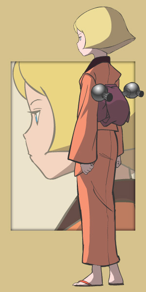 nippori honsha, sayla mass, gundam, mobile suit gundam, 1girl, blonde hair, blue eyes, female focus, from side, full body, japanese clothes, jetpack, sandals, solo, standing