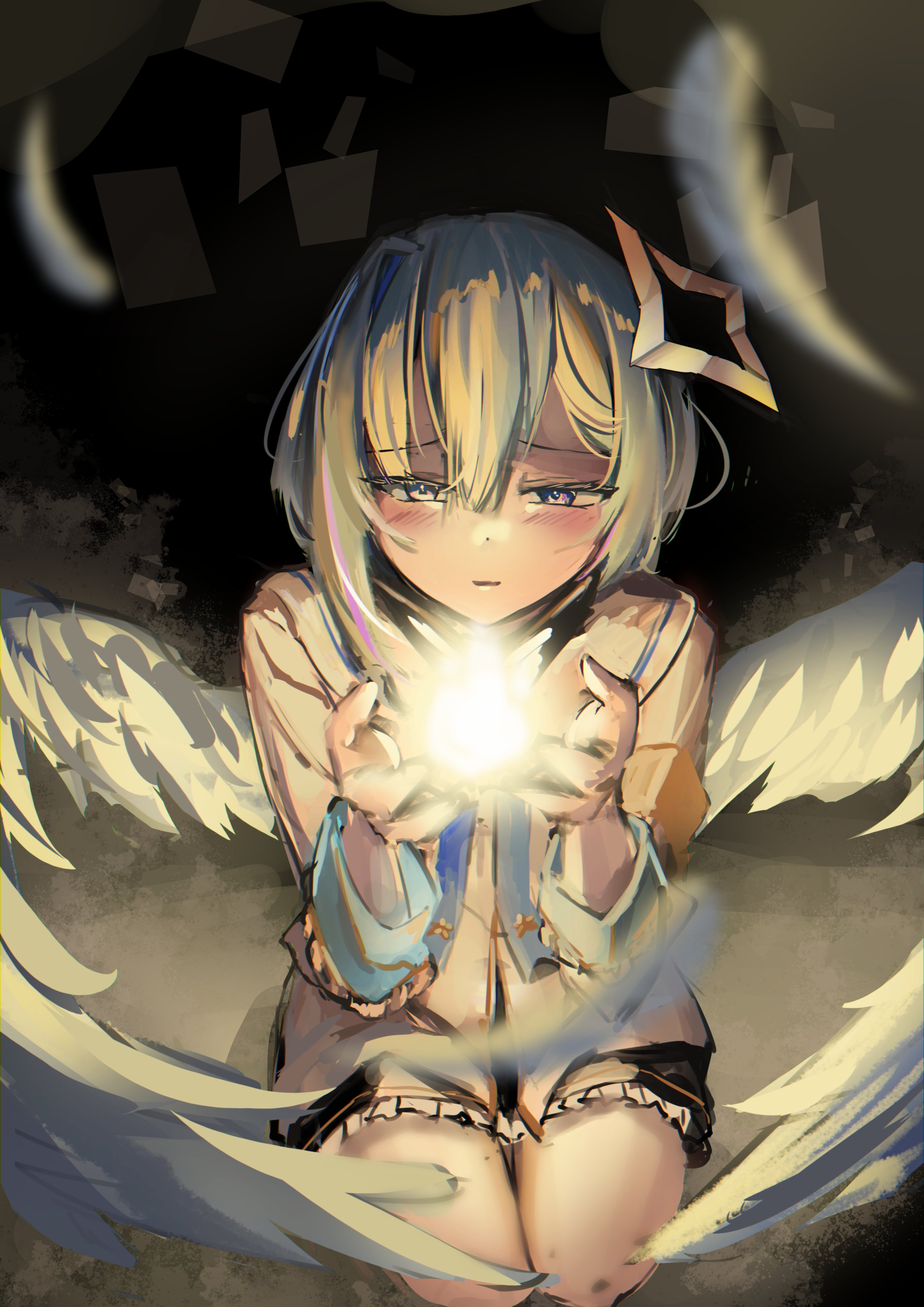 lichael, amane kanata, amane kanata (1st costume), hololive, absurdres, commentary, english commentary, highres, 1girl, alternate wings, angel, angel wings, armband, asymmetrical bangs, black background, black skirt, blue bow, blue eyes, blue hair, blue trim, blush, bow, chiaroscuro, falling feathers, feathers, frilled skirt, frills, hair between eyes, halo, holding, jacket, kneeling, long sleeves, miniskirt, oversized wings, parted lips, raised inner eyebrows, short hair, simple background, skirt, solo, star halo, tilted halo, virtual graduation commemoration, virtual youtuber, white jacket, wings, yellow armband