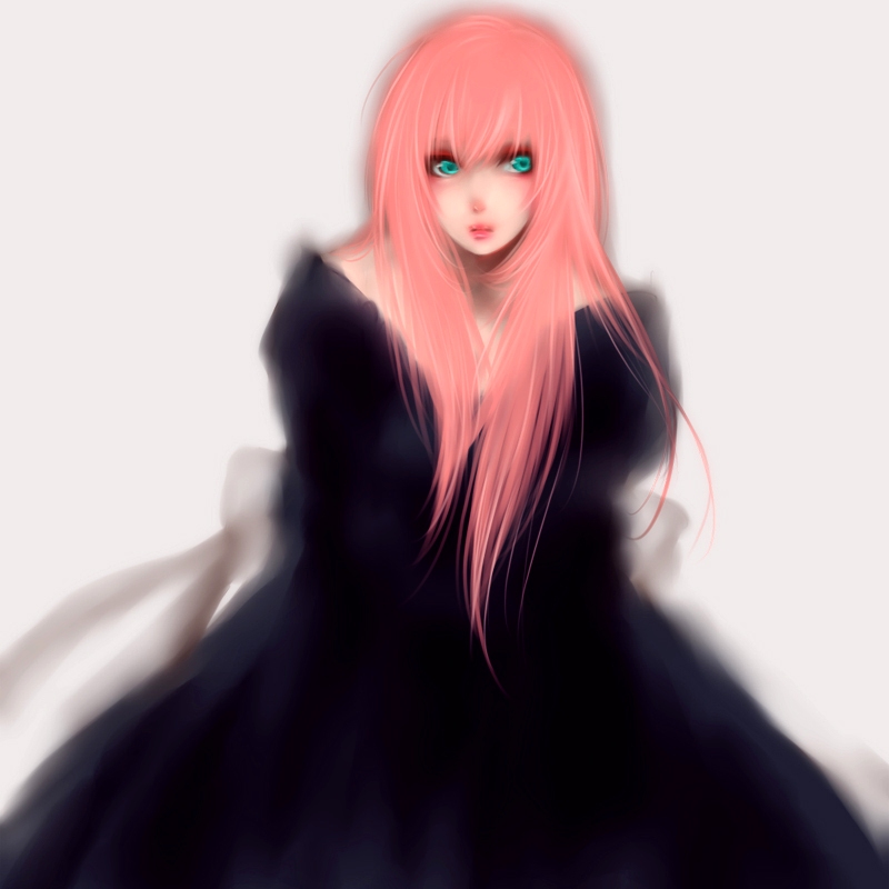 ririneko, megurine luka, vocaloid, bad id, bad pixiv id, 1girl, aqua eyes, bare shoulders, black dress, dress, female focus, lips, long hair, nose, pink hair, simple background, solo