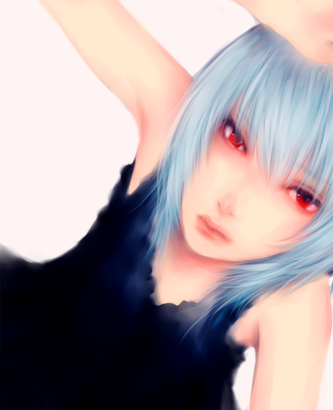 ririneko, ayanami rei, neon genesis evangelion, bad id, bad pixiv id, 1girl, armpits, bare shoulders, black dress, blue hair, dress, female focus, lips, short hair, solo