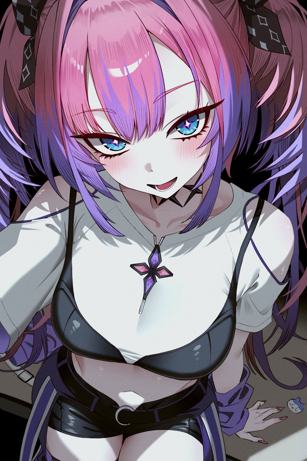 himura soichiro, kikirara vivi, hololive, hololive dev is, highres, 1girl, black background, black bra, black shorts, blush, bra, bra over clothes, breasts, collarbone, cropped shirt, eyelashes, long hair, looking at viewer, medium breasts, midriff, multicolored hair, navel, parted lips, pink hair, purple hair, shirt, short shorts, shorts, smile, solo, twintails, two-tone hair, underwear, white shirt