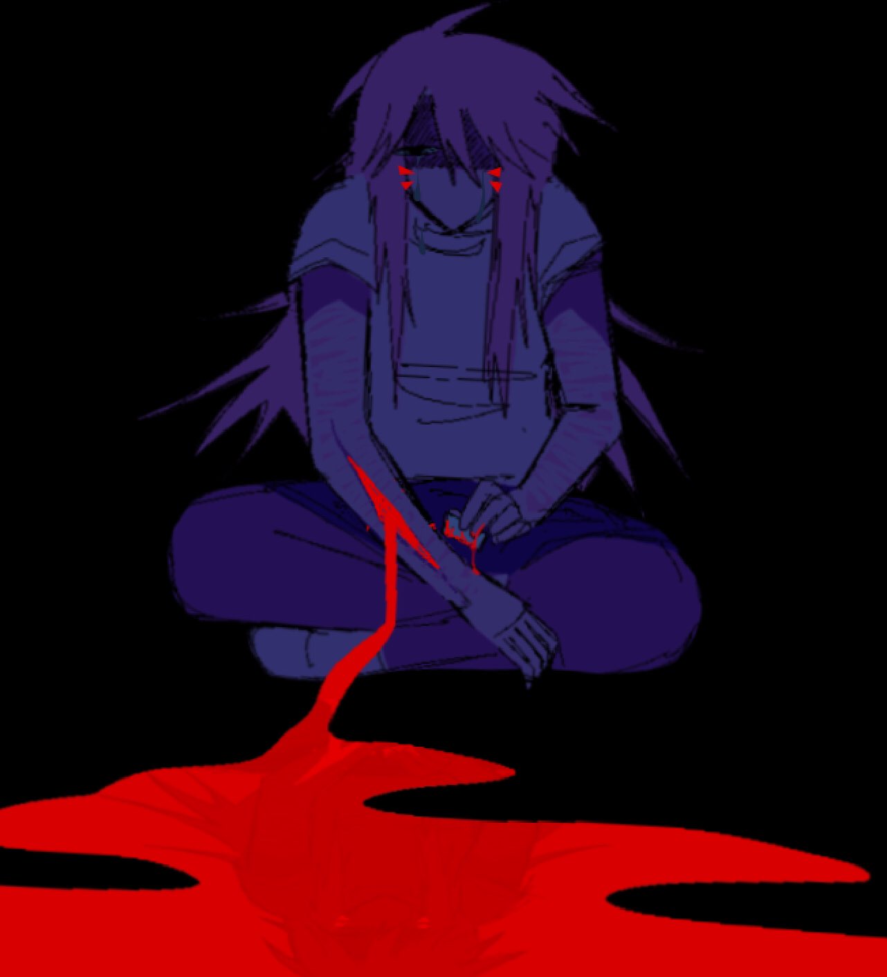 d.va (overwatch), overwatch, character request, check character, highres, 1girl, blood, blue skirt, crossed legs, full body, holding razor blade, long hair, mercywerci, on ground, pantyhose, pink hair, pink pantyhose, pool of blood, razor blade, self-harm, shirt, sitting, skirt, solo, t-shirt, white shirt, wrist cutting