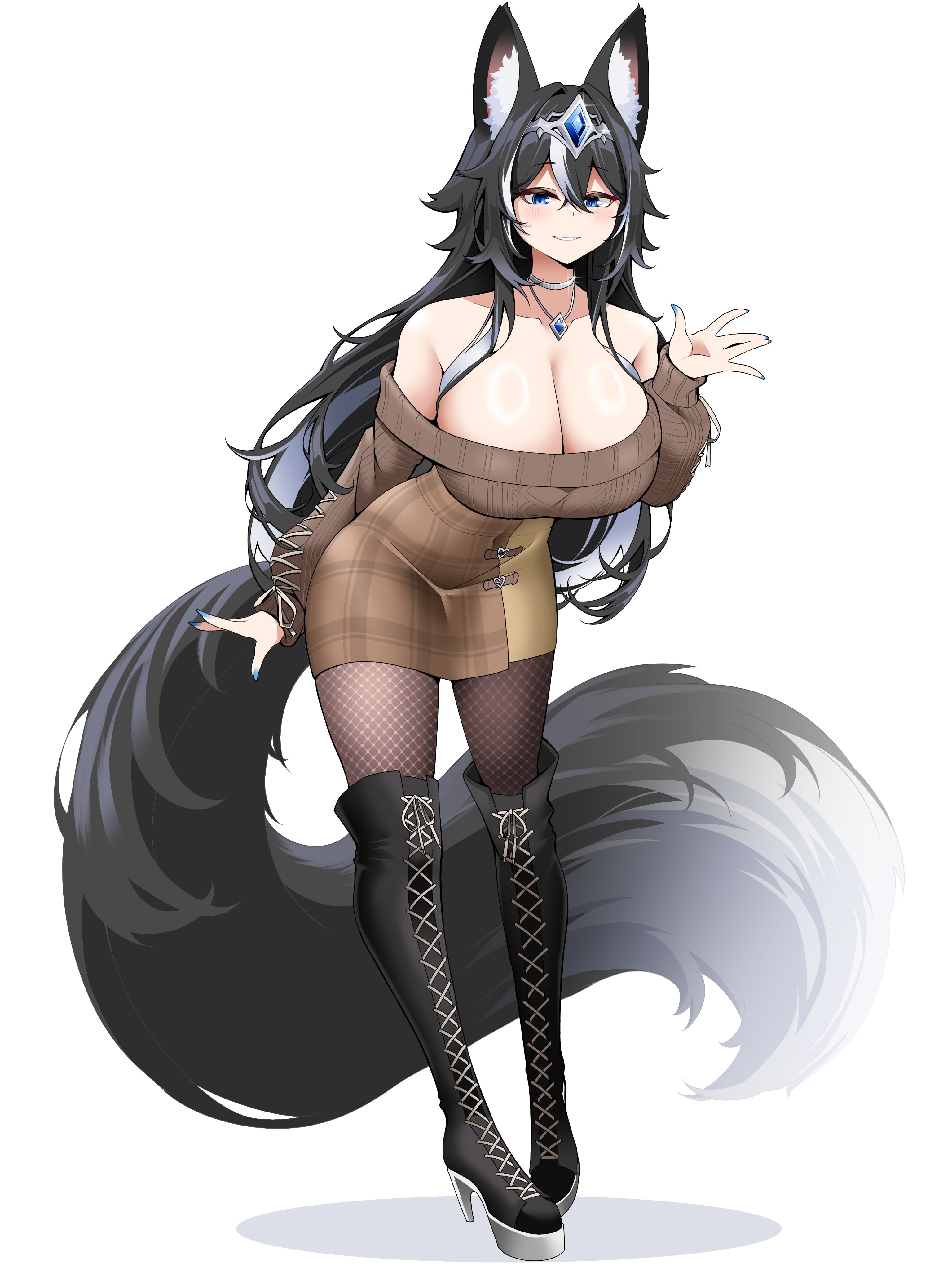 saltnvalk, signe brachirsdottr (azaertia), original, blue gem, absurdres, commentary, commission, english commentary, highres, vgen commission, 1girl, animal ear fluff, animal ears, bare shoulders, black boots, black hair, blue eyes, boots, breasts, brown pantyhose, brown skirt, brown sweater, choker, cleavage, closed mouth, collarbone, crossed bangs, double-parted bangs, full body, gem, hair between eyes, hand up, high heel boots, high heels, huge breasts, long hair, long sleeves, looking at viewer, multicolored hair, off-shoulder sweater, off shoulder, pantyhose, silver choker, silver tiara, simple background, skirt, smile, solo, standing, streaked hair, sweater, tail, thigh boots, tiara, white background, white streaks, wolf ears, wolf girl, wolf tail