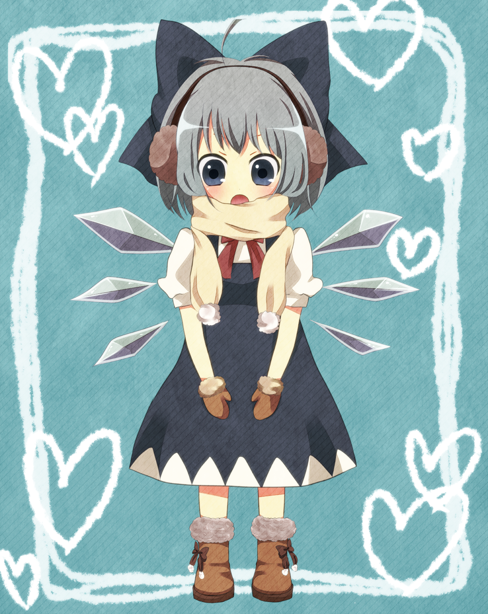 purin jiisan, cirno, perfect cherry blossom, touhou, highres, blouse, boots, brown boots, brown mittens, dress, earmuffs, eyebrows hidden by hair, fur-trimmed boots, fur-trimmed mittens, fur-trimmed scarf, fur trim, heart, mittens, pinafore dress, scarf, shirt, sleeveless, sleeveless dress, solo, white shirt