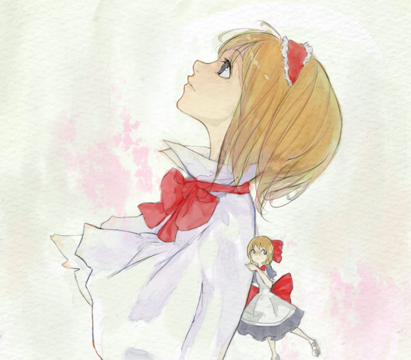 fusuma (chottomatte), alice margatroid, shanghai doll, touhou, bad id, bad pixiv id, painting (medium), traditional media, watercolor (medium), 2girls, female focus, multiple girls, solo, upper body