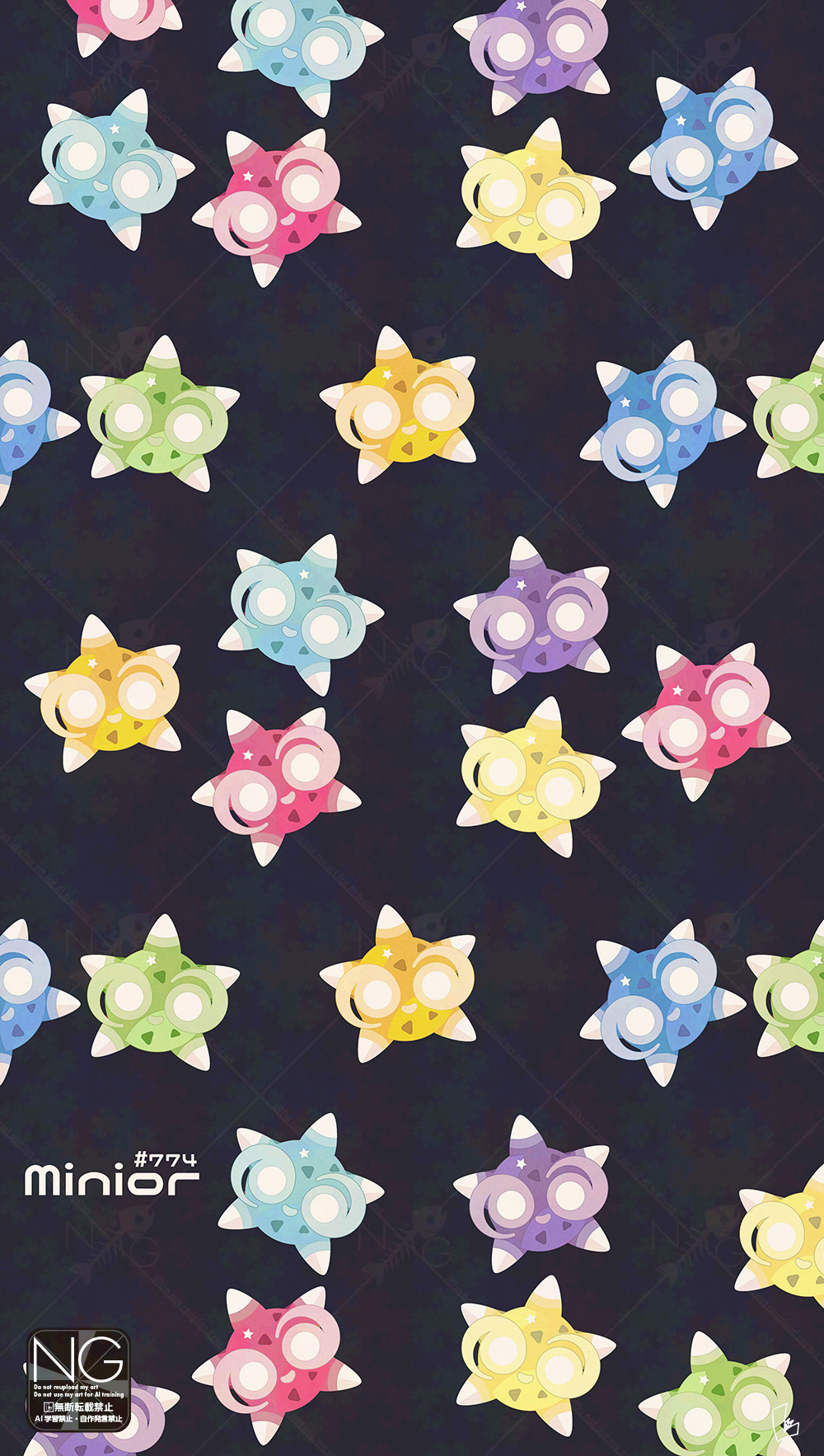 meme (sleepsheep), minior, minior (blue core), minior (core), minior (green core), minior (indigo core), minior (orange core), minior (red core), minior (violet core), minior (yellow core), nintendo, pokemon, highres, alternate color, gen 7 pokemon, looking at viewer, no humans, pokemon (creature), pokemon focus, star (symbol)