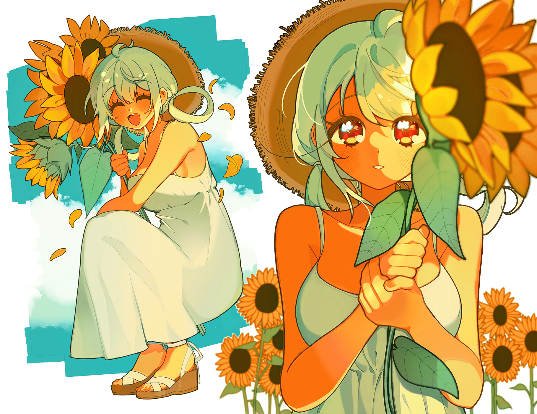 matoi (pso2), phantasy star, phantasy star online 2, commentary request, highres, 1girl, :d, ^ ^, ahoge, bare arms, blurry, blush, breasts, closed eyes, cloud, depth of field, dress, falling petals, flower, full body, hair rings, hat, holding, holding flower, large breasts, looking at viewer, medium hair, multiple views, open mouth, petals, platform sandals, red eyes, sandals, sideboob, sitwocution, smile, squatting, straw hat, sun hat, sunflower, upper body, white dress, white hair, yellow petals