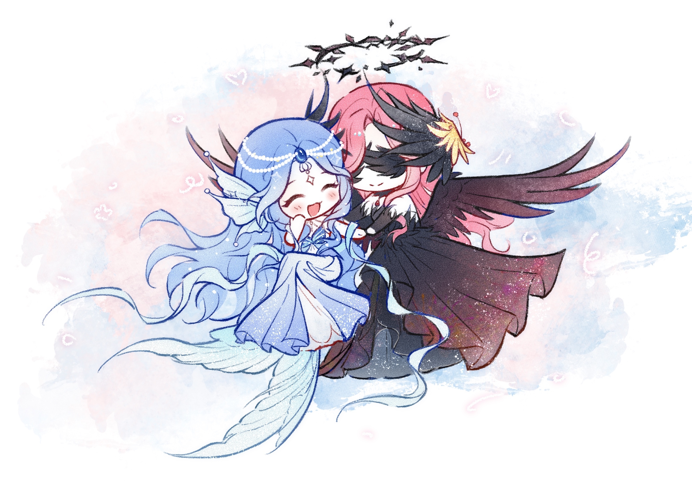 cyfrost, crimson phoenix (shining nikki), snowy ballad (infinity nikki), infinity nikki, nikki (series), blue gem, chinese commentary, commentary request, highres, 2girls, absurdly long hair, bare shoulders, beads, black choker, black dress, black halo, black sleeves, black wings, blue background, blue hair, blue shawl, blue shirt, blue skirt, chibi, choker, circlet, coattails, colorful background, couple, covered eyes, detached sleeves, dress, feather-trimmed dress, feather-trimmed sleeves, feather choker, feathered wings, fins, forehead jewel, gem, hair beads, hair ornament, halo, hand on own cheek, hand on own face, happy, head fins, head wings, heart, holding hands, jewelry, long dress, long hair, long sidelocks, long skirt, long sleeves, mermaid costume, multiple girls, necklace, pendant choker, pleated dress, pleated skirt, red background, red hair, shawl, shirt, sidelocks, skirt, spiked halo, spread wings, strapless, strapless shirt, striped clothes, striped shirt, tailcoat, very long hair, wavy hair, white background, wings, yuri