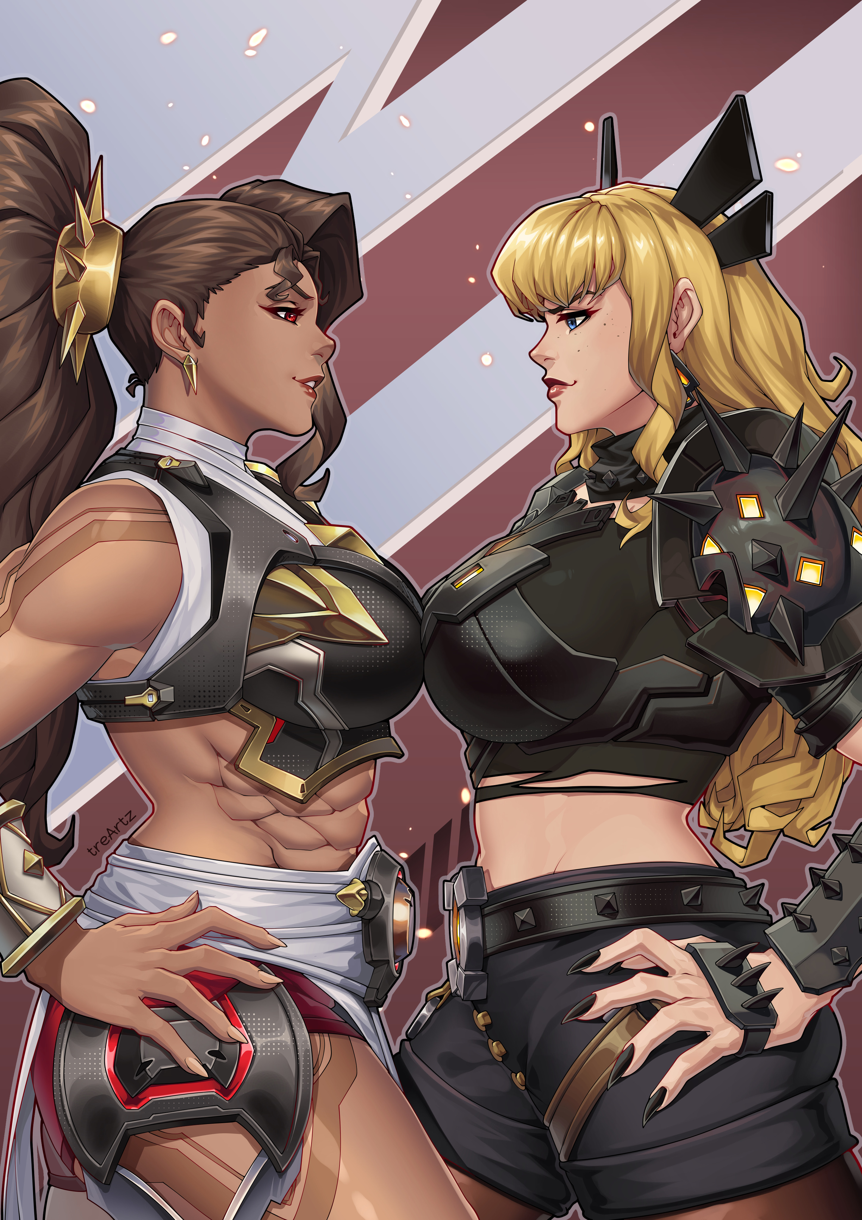 tre artz, magik (x-men), vendetta (overwatch), marvel, marvel rivals, overwatch, absurdres, highres, 2girls, abs, armor, asymmetrical bangs, big hair, black nails, black shorts, blonde hair, breast press, breasts, brown hair, cropped legs, earrings, elbow spikes, hands on own hips, jewelry, large breasts, long hair, looking at another, multiple girls, muscular, muscular female, pauldrons, red eyes, red lips, shorts, shoulder armor, shoulder spikes, smile, spiked hair tubes, spiked pauldrons, spikes, standing, symmetrical docking