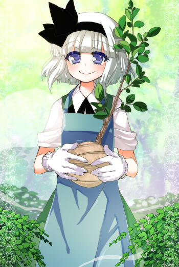 midori (green tea), midori (pixiv), konpaku youmu, konpaku youmu (ghost), touhou, bad id, bad pixiv id, 1girl, apron, blue eyes, bob cut, female focus, gardening, ghost, gloves, hairband, plant, smile, solo, tree, white hair