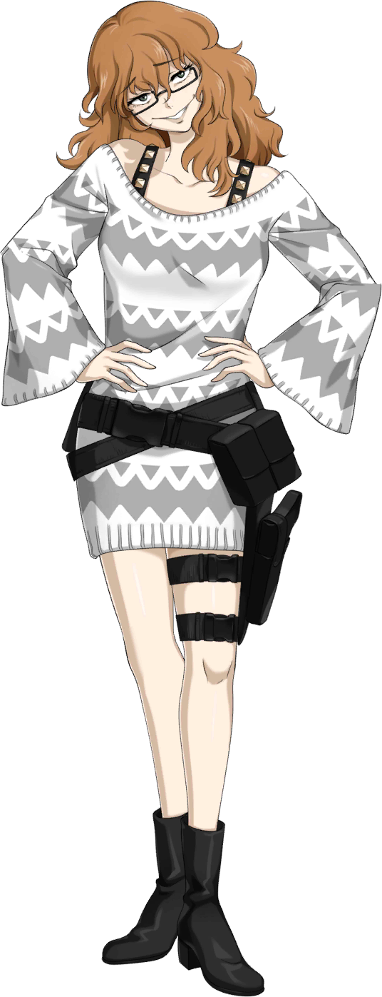 iwamoto tatsurou, shin megami tensei, shin megami tensei: liberation dx2, highres, official art, third-party source, 1girl, black-framed eyewear, black boots, boots, brown hair, dress, full body, glasses, green eyes, grin, gun, handgun, hands on own hips, head tilt, holster, organ (megami tensei), simple background, smile, solo, standing, striped clothes, striped dress, thigh strap, transparent background, two-tone dress, weapon