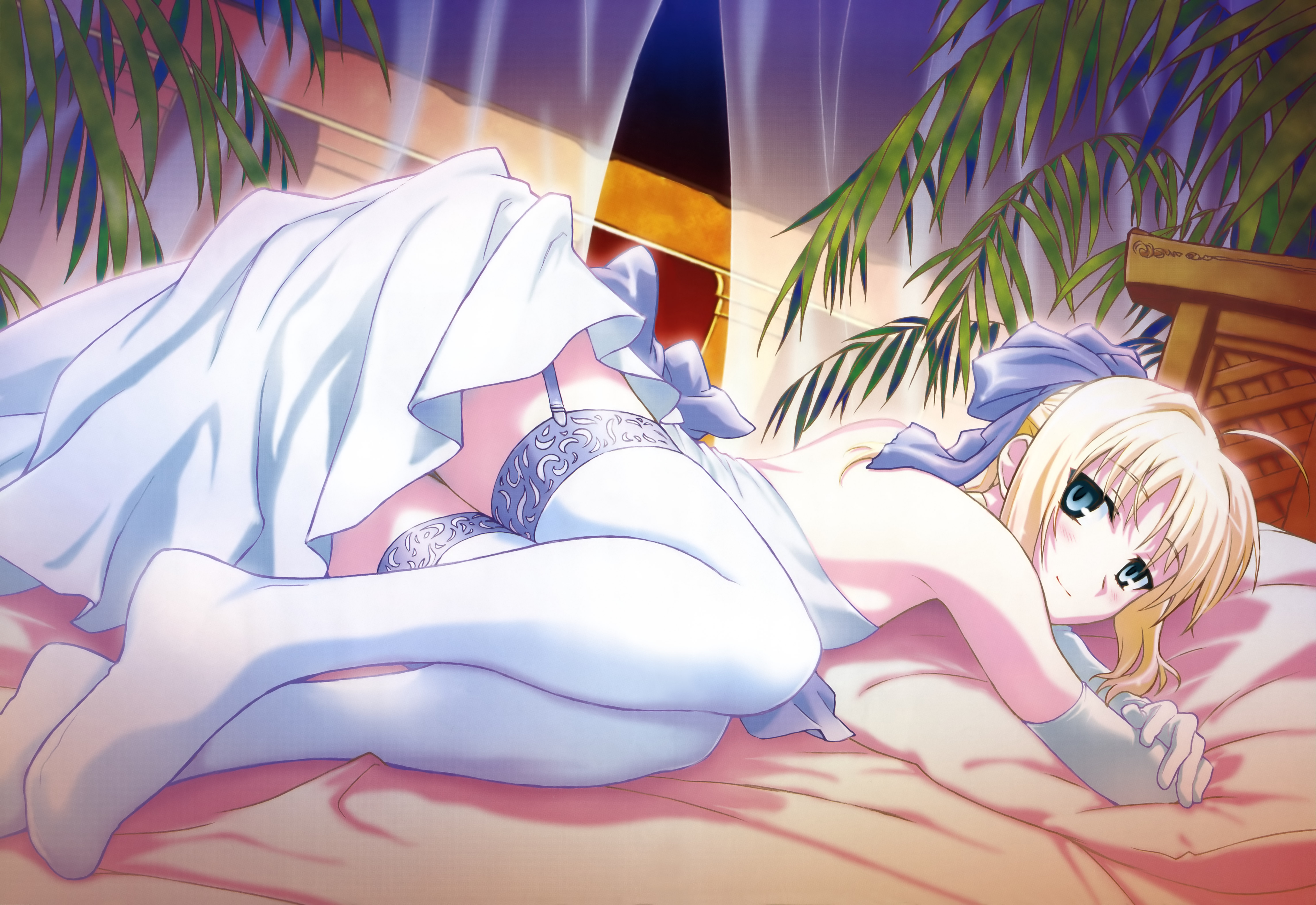 nishida asako, artoria pendragon (fate), saber (fate), fate/stay night, fate/unlimited blade works, fate (series), nyantype, lace-trimmed legwear, absurdres, highres, non-web source, 00s, 1girl, ahoge, bed, bed sheet, blonde hair, bow, elbow gloves, feet, female focus, garter belt, garter straps, gloves, green eyes, hair bow, lace, lace trim, looking at viewer, lying, no shoes, official alternate costume, on bed, on side, pillow, solo, thighhighs, white gloves, white thighhighs