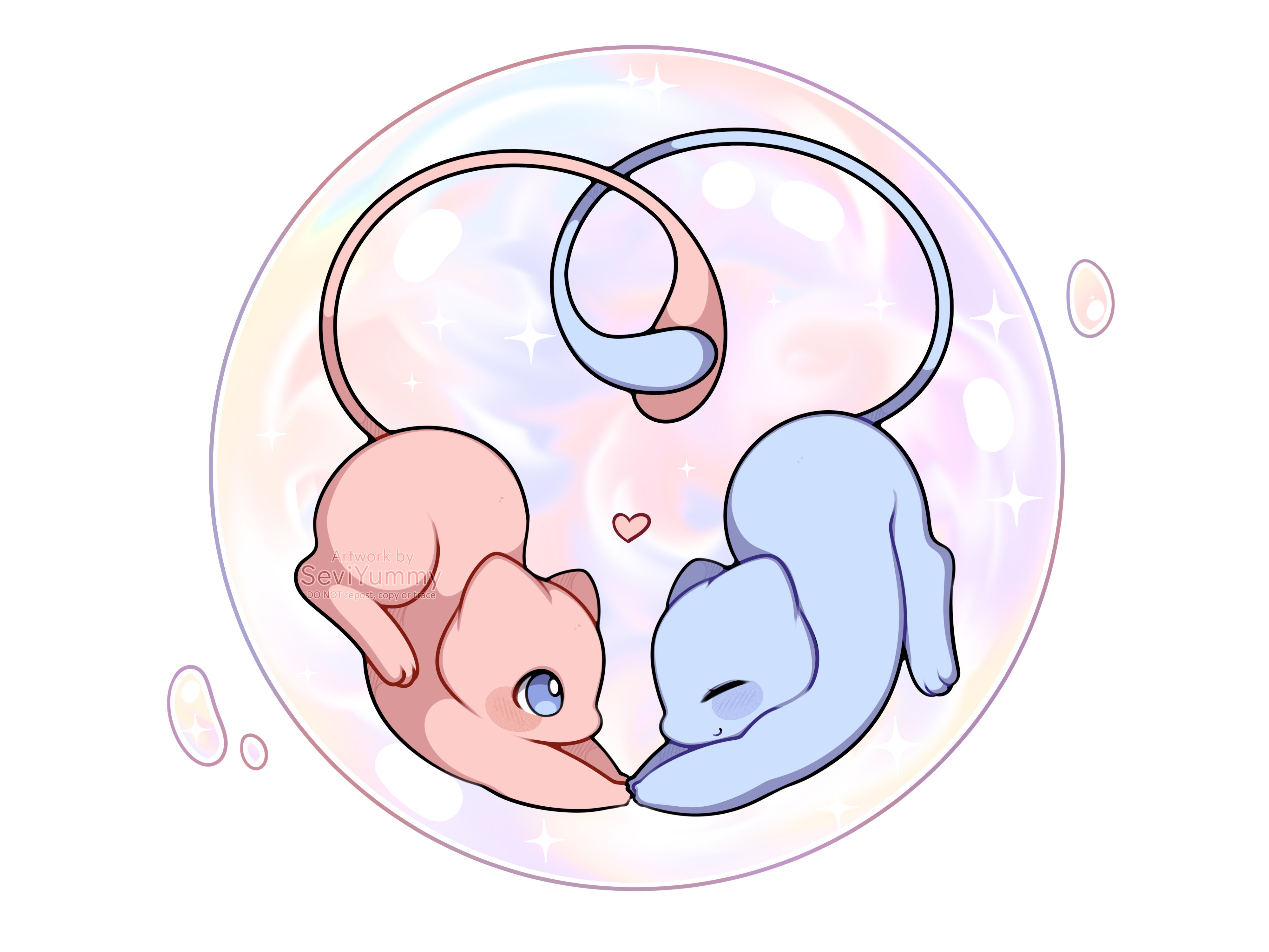 sevi (seviyummy), mew (pokemon), nintendo, pokemon, absurdres, highres, alternate color, blue eyes, blush, bubble, closed eyes, closed mouth, full body, gen 1 pokemon, heart, legendary pokemon, mythical pokemon, no humans, pokemon (creature), pokemon focus, shiny pokemon, smile, tail