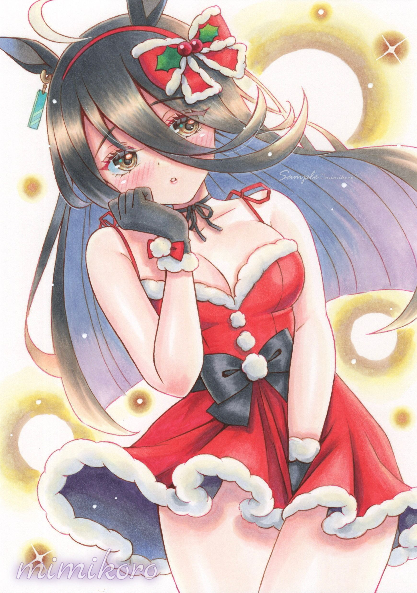 mimikuro, manhattan cafe (umamusume), umamusume, absurdres, highres, traditional media, 1girl, ahoge, animal ears, black bow, black choker, black gloves, black hair, blush, bow, breasts, choker, christmas, cleavage, dress, ear tag, earrings, fur-trimmed dress, fur trim, glove bow, gloves, hair between eyes, hairband, headband, holly, horse ears, horse girl, jewelry, large breasts, long bangs, long hair, long hair between eyes, looking at viewer, multicolored hair, parted lips, red bow, red dress, red hairband, red headband, santa costume, santa dress, single earring, sleeveless, sleeveless dress, solo, sparkle, white hair, yellow eyes