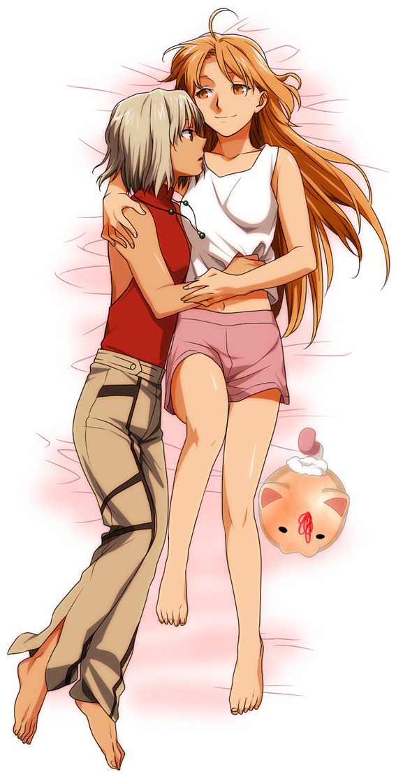 mori (unknown.), canaan (character), oosawa maria, 428, 428: fuusa sareta shibuya de, canaan (series), chunsoft, 2girls, ahoge, androgynous, bare shoulders, barefoot, bed, blonde hair, brown eyes, feet, flat chest, hug, jewelry, long hair, multiple girls, navel, necklace, reverse trap, short hair, smile, stuffed animal, stuffed toy, yuri