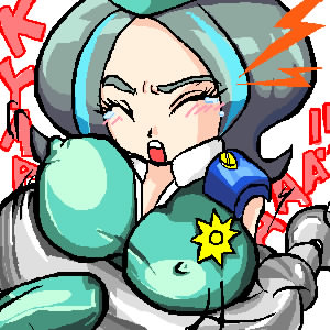 officer carrie, nintendo, screw breaker, lowres, tagme, 1girl, blush, breasts, covered erect nipples, female focus, grabbing another's breast, grey hair, groping, large breasts, multicolored hair, open mouth, solo, tears, two-tone hair, upper body