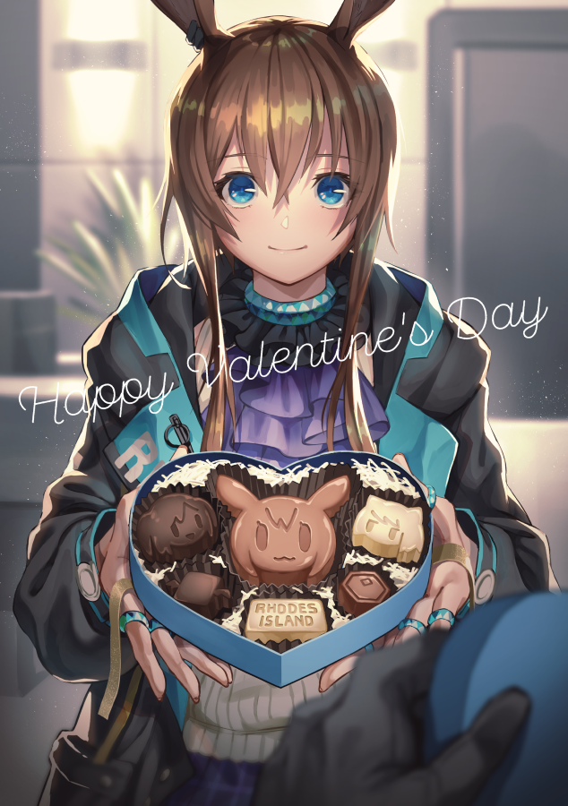 tanagawa makoto, amiya (arknights), arknights, 1girl, animal ears, ascot, black jacket, blue eyes, box, box of chocolates, brown hair, hair between eyes, indoors, jacket, jewelry, long hair, long sidelocks, looking at viewer, multiple rings, open clothes, open jacket, plant, pov, purple ascot, rabbit ears, rabbit girl, ring, shirt, sidelocks, solo focus, upper body, valentine, white shirt